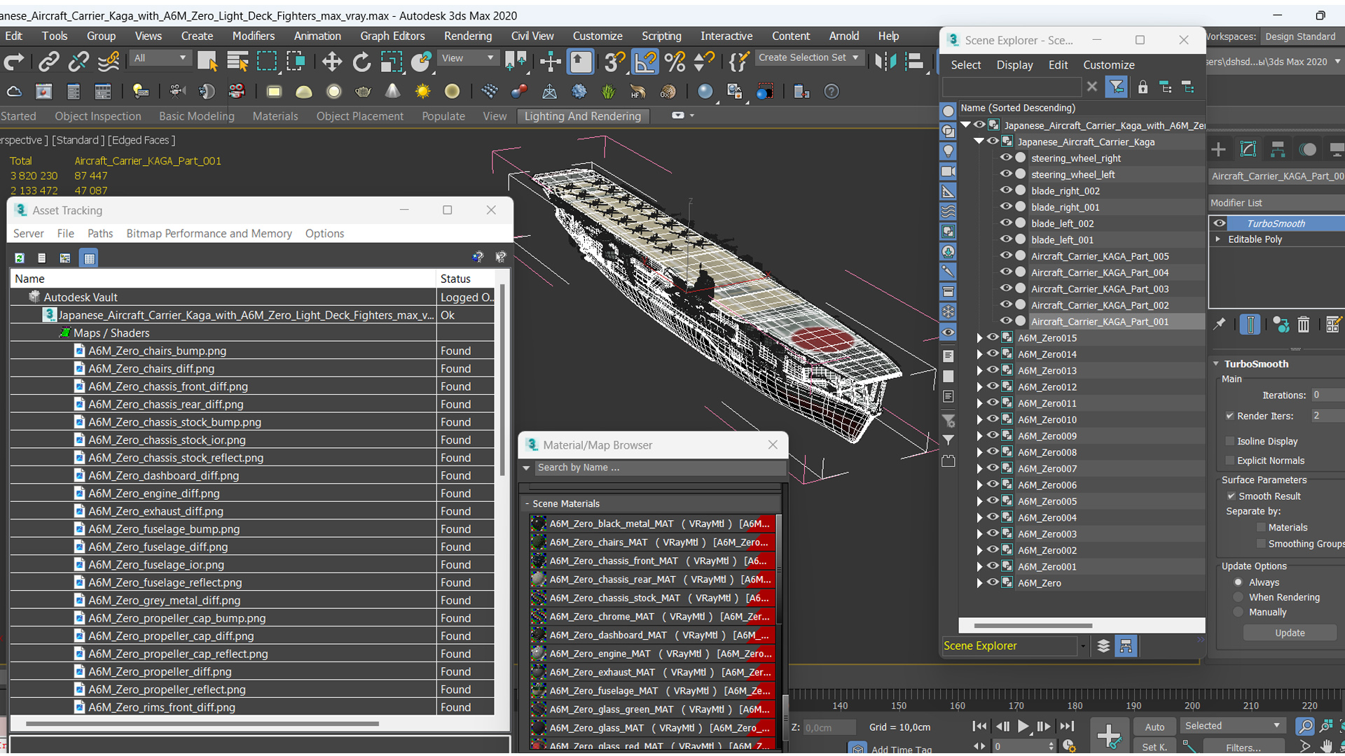 Japanese Aircraft Carrier Kaga with A6M Zero Light Deck Fighters 3D model