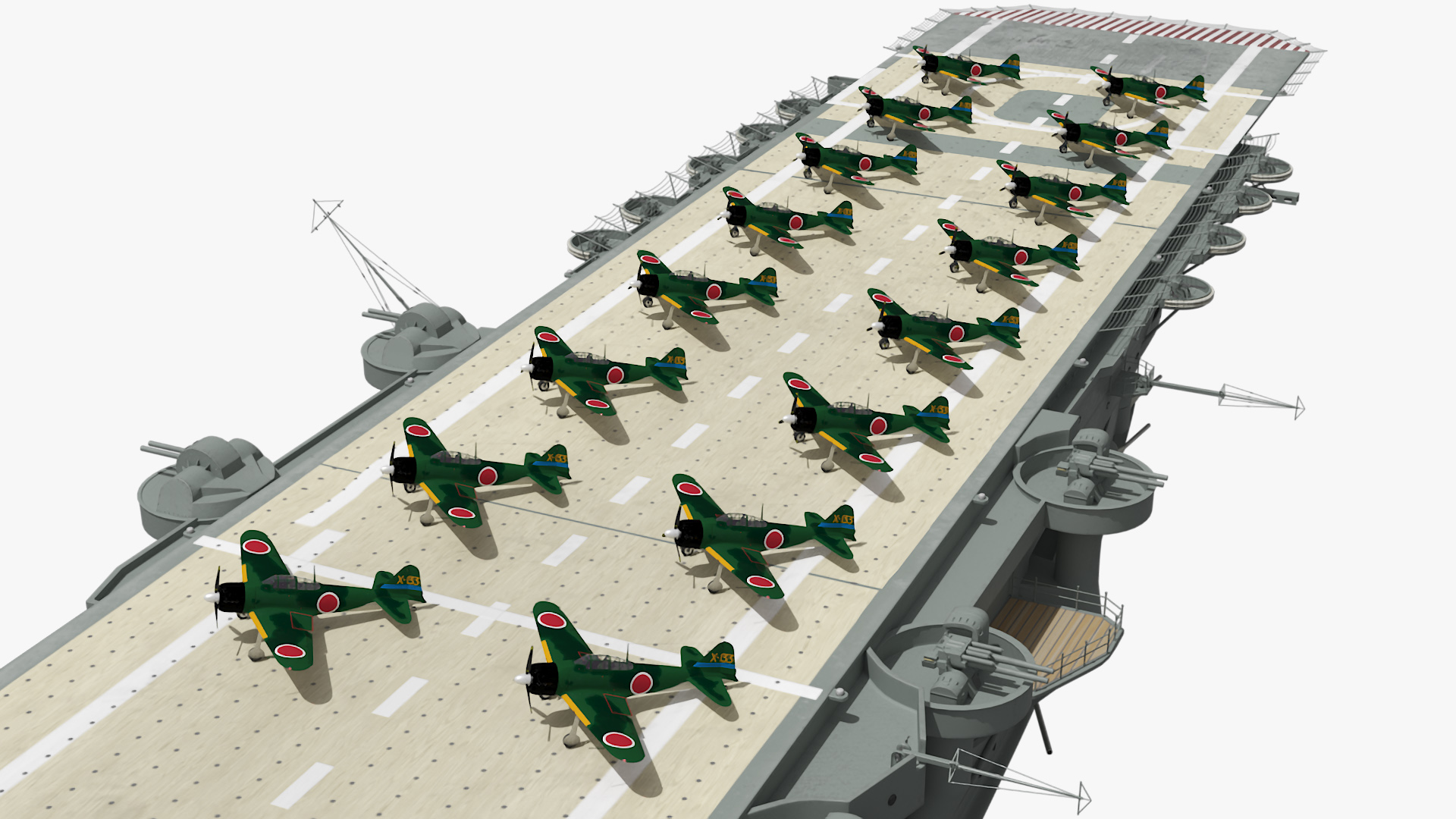 Japanese Aircraft Carrier Kaga with A6M Zero Light Deck Fighters 3D model