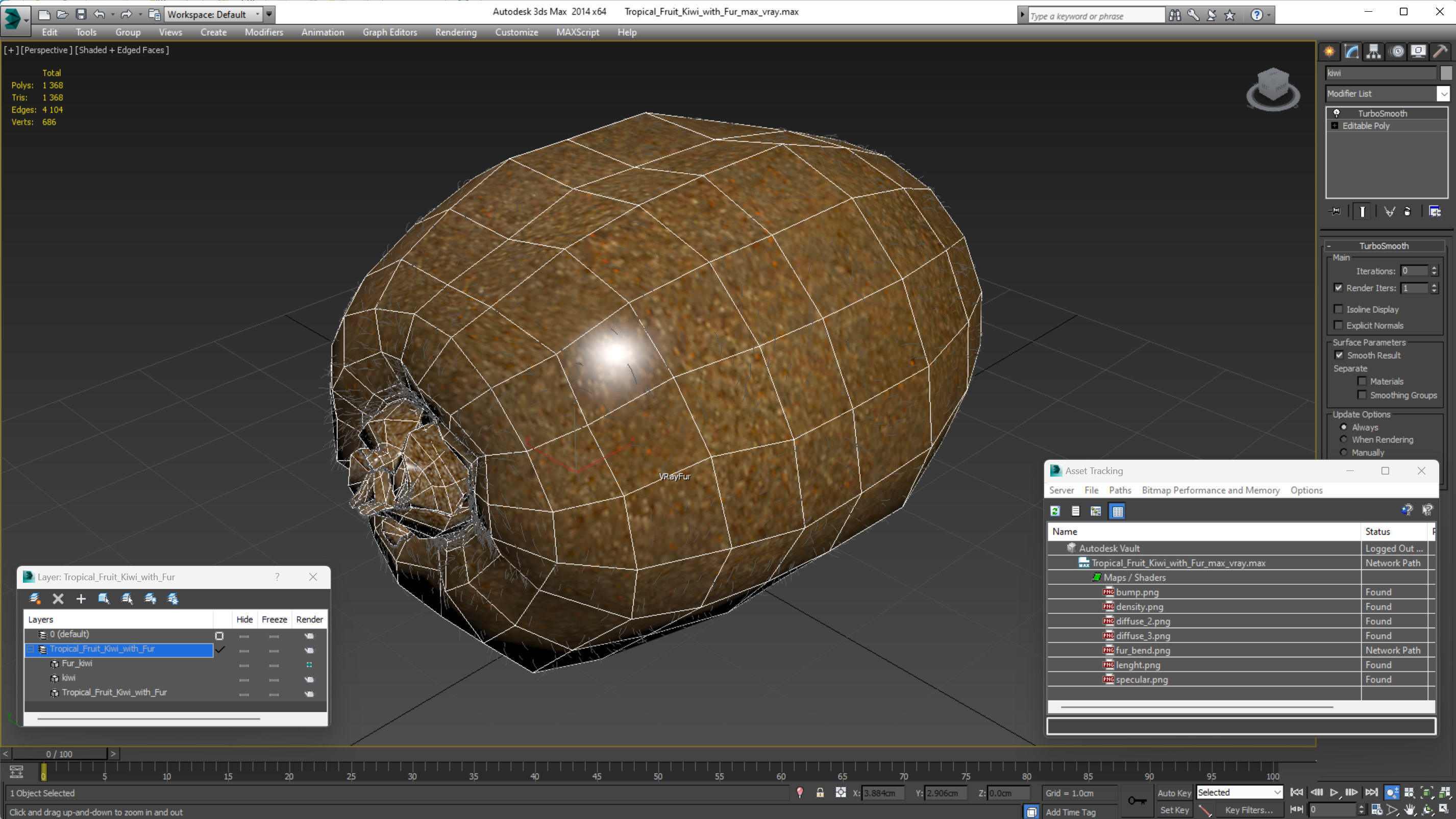 3D Tropical Fruit Kiwi with Fur model