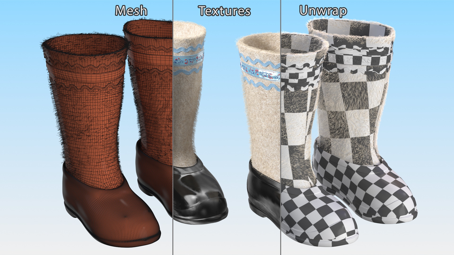White Felt Boots With Rubber Waterproof Galoshes Fur 3D