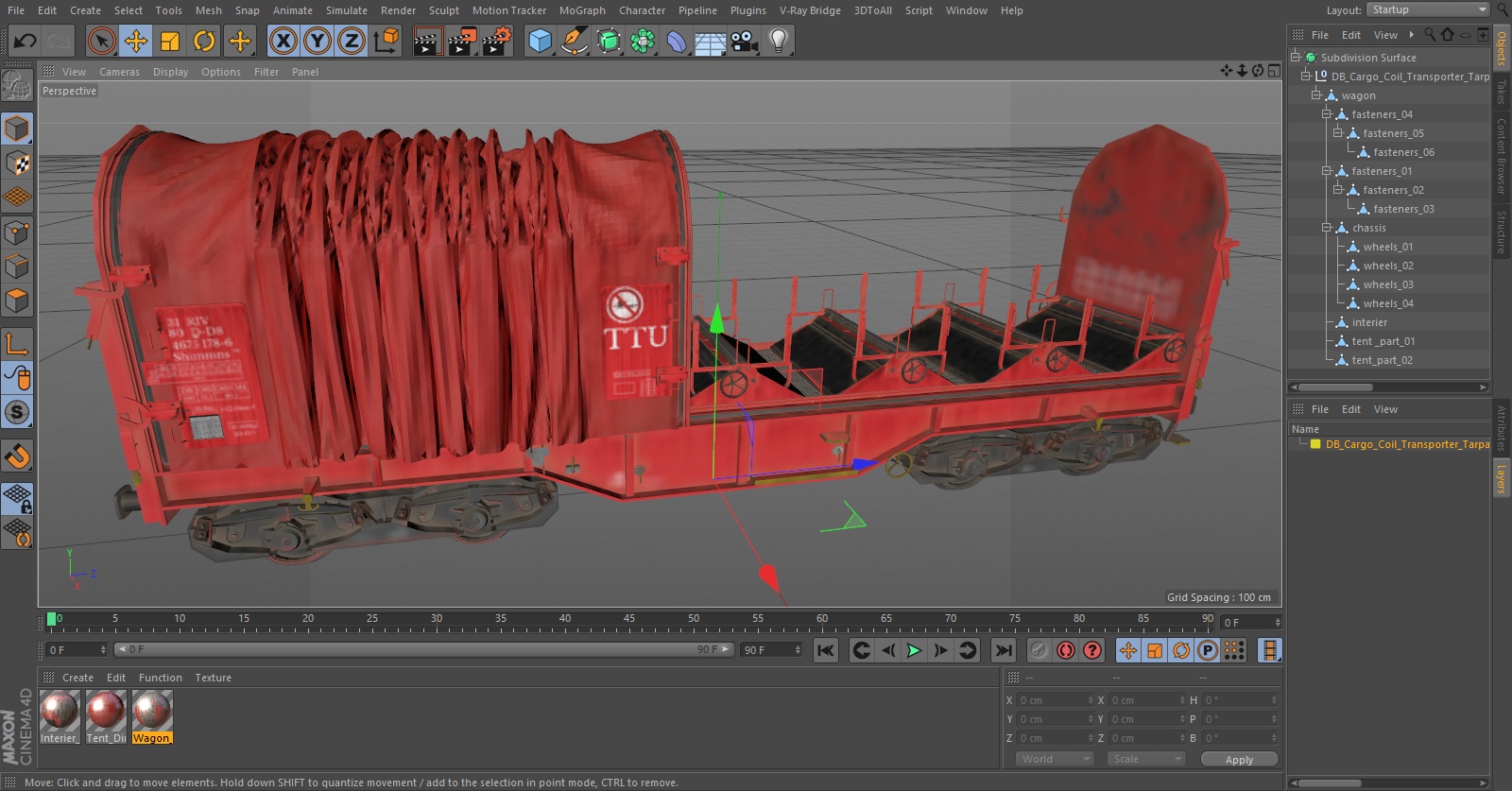 DB Cargo Coil Transporter Tarpaulin Freight Wagon Opened Dirty 3D