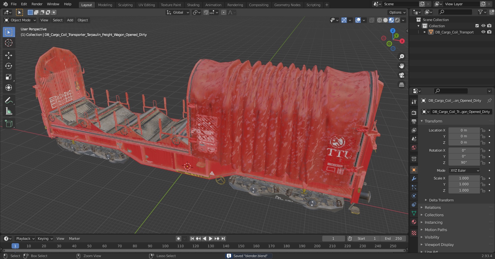 DB Cargo Coil Transporter Tarpaulin Freight Wagon Opened Dirty 3D