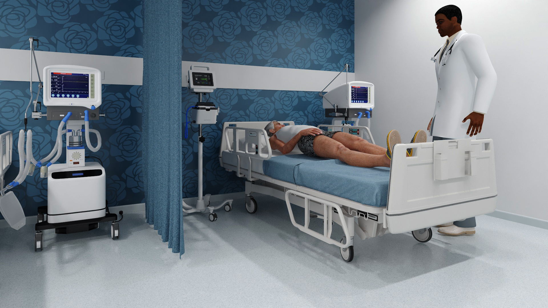 Modern Hospital Room with Patient and Doctor 3D model