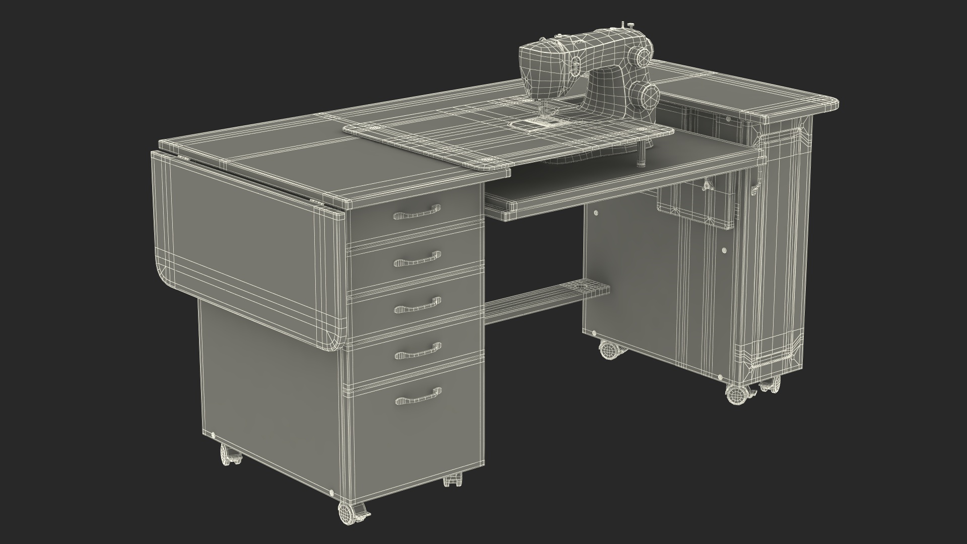 Singer Sew Machine on Horn Sewing Table Cabinet 3D