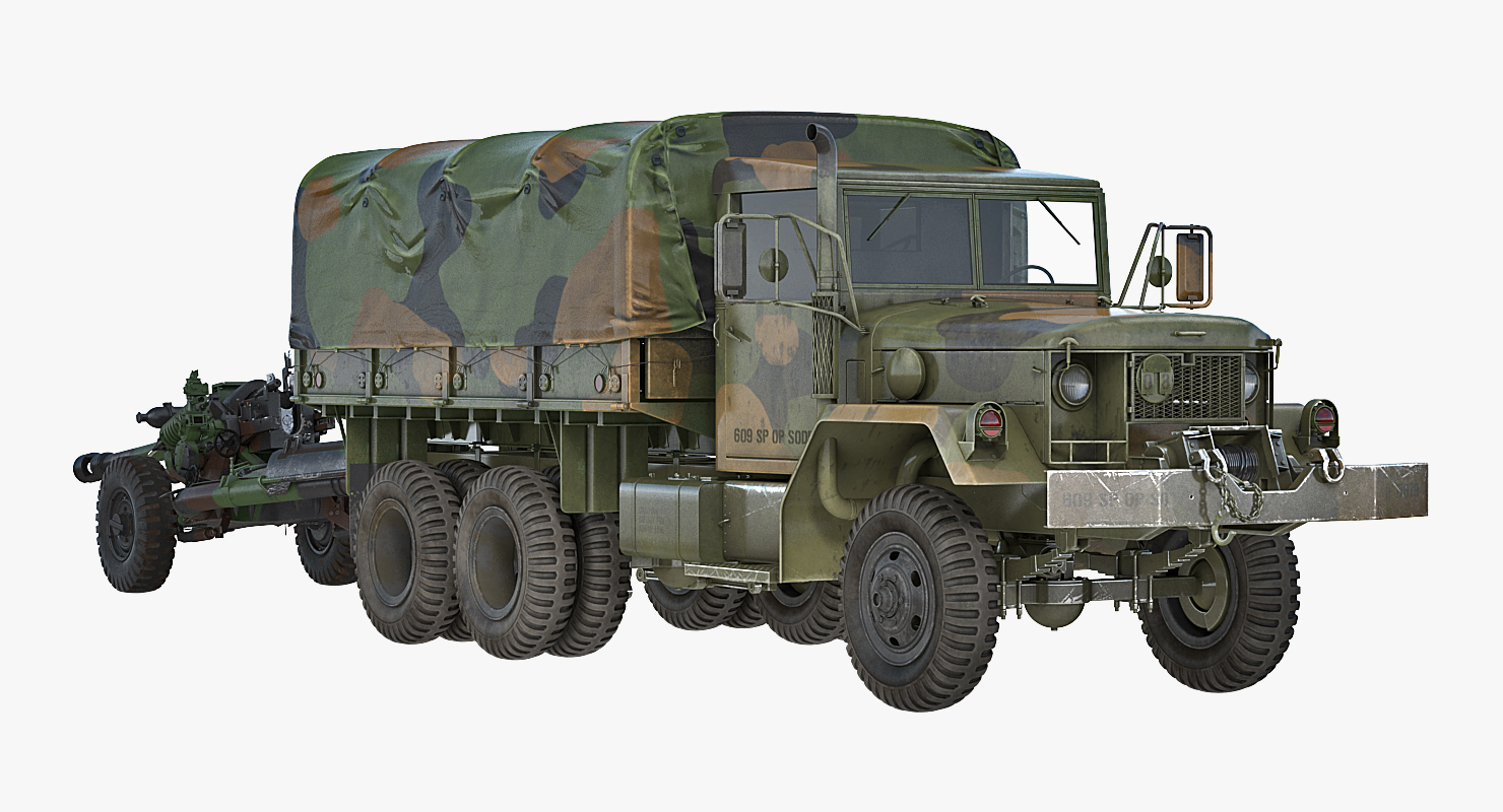 3D model US Military Truck m35a2 with Field Howitzer M119 Rigged
