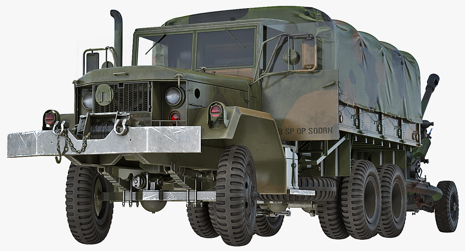 3D model US Military Truck m35a2 with Field Howitzer M119 Rigged