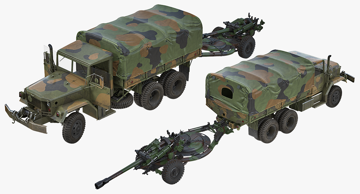 3D model US Military Truck m35a2 with Field Howitzer M119 Rigged