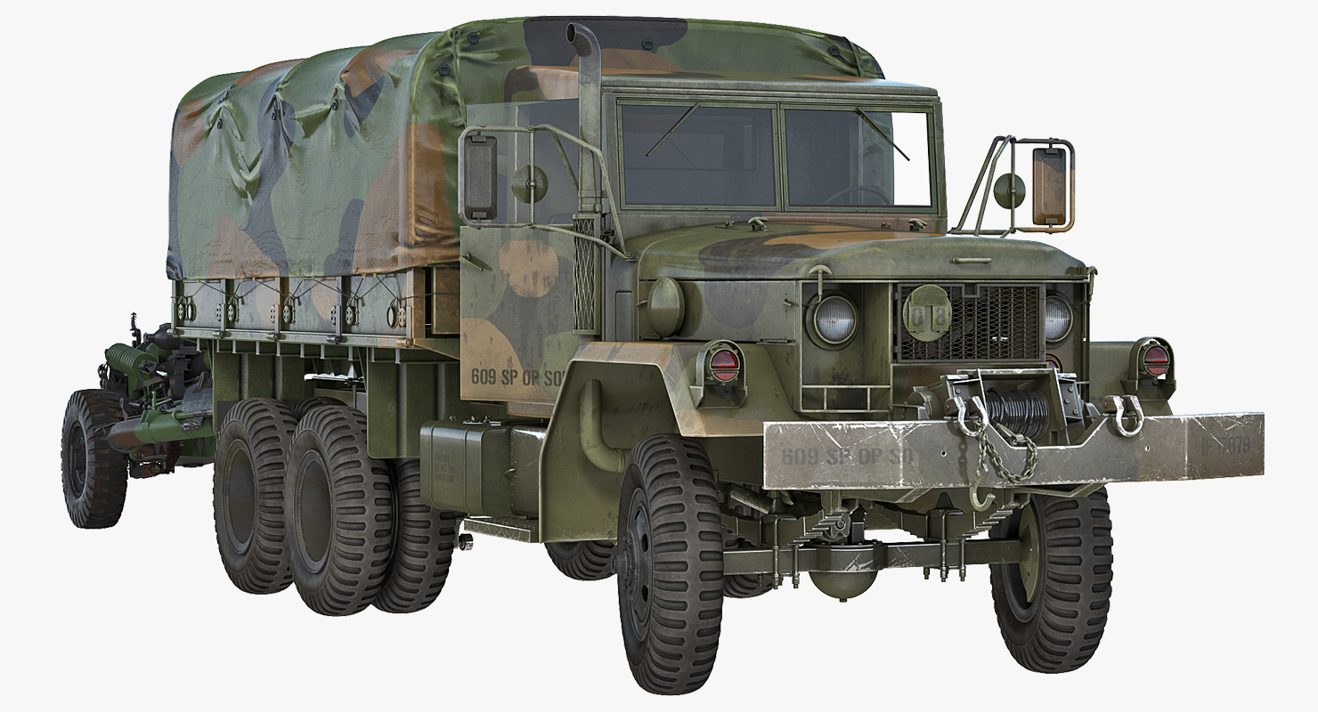 3D model US Military Truck m35a2 with Field Howitzer M119 Rigged