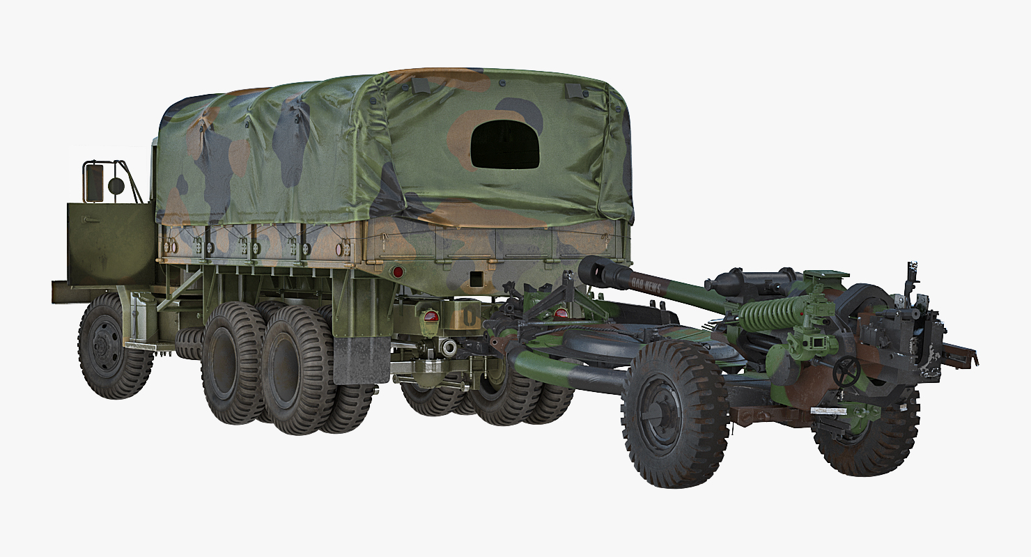3D model US Military Truck m35a2 with Field Howitzer M119 Rigged