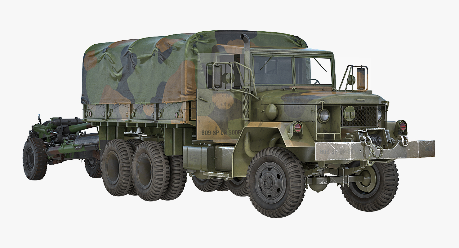 3D model US Military Truck m35a2 with Field Howitzer M119 Rigged