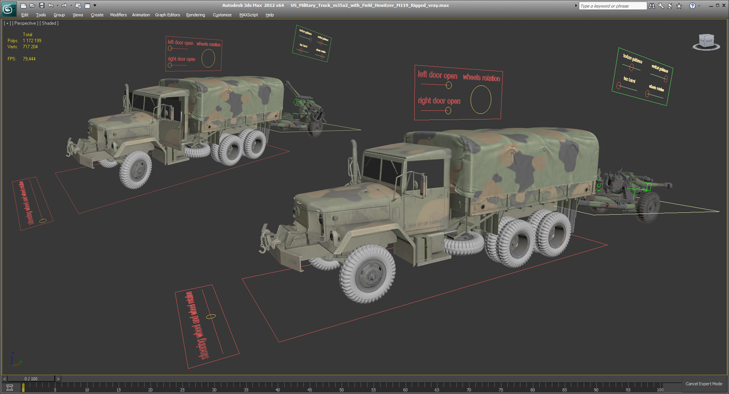 3D model US Military Truck m35a2 with Field Howitzer M119 Rigged