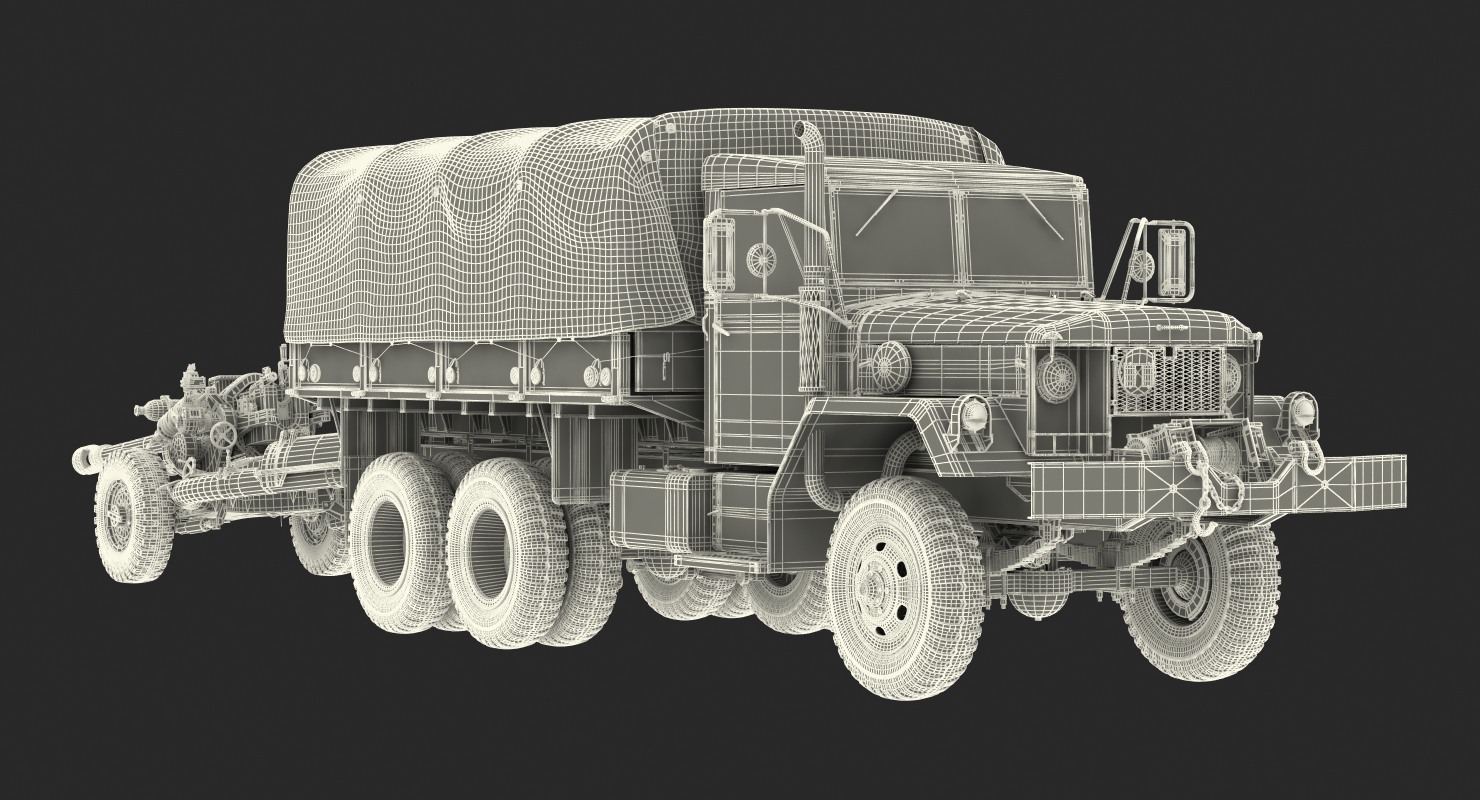 3D model US Military Truck m35a2 with Field Howitzer M119 Rigged