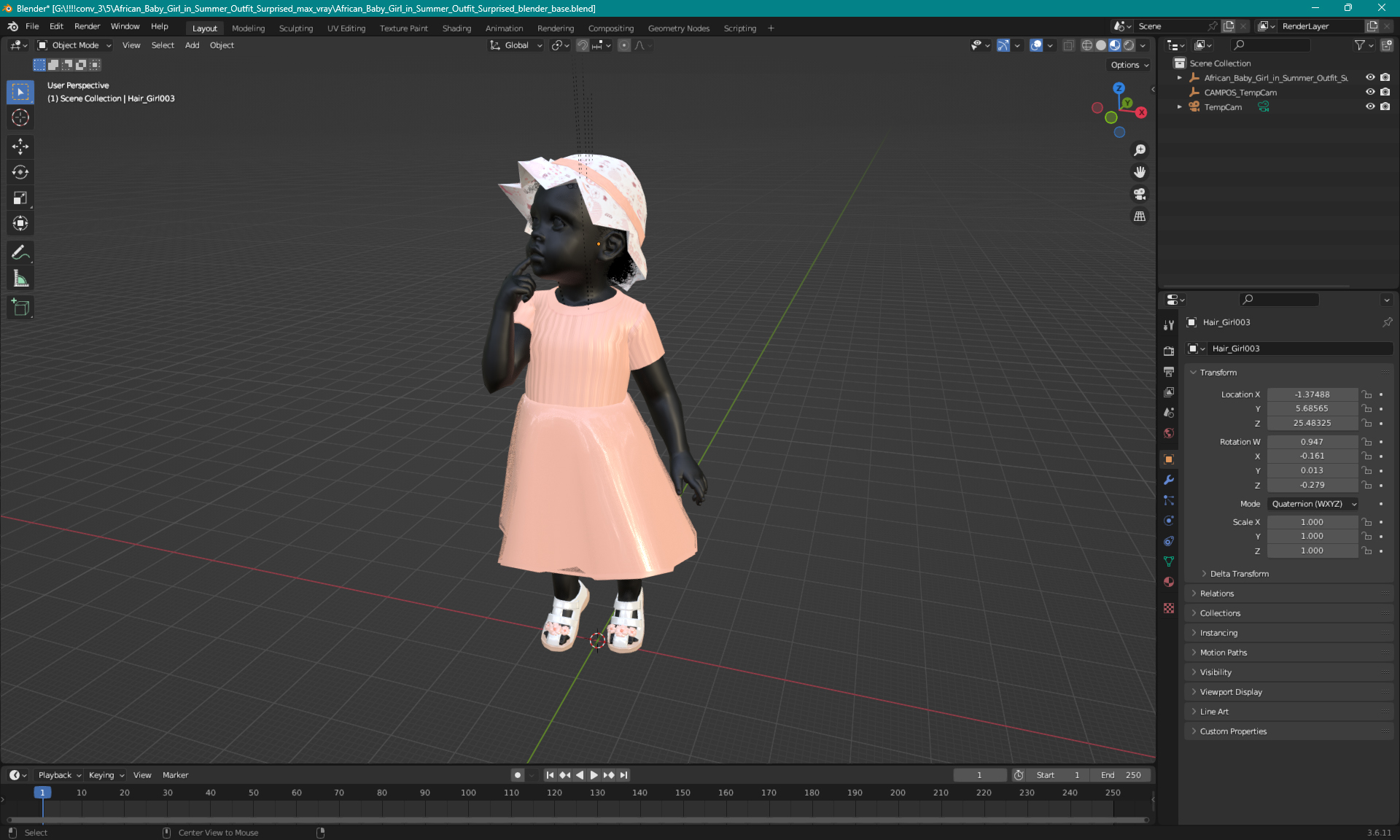 African Baby Girl in Summer Outfit Surprised 3D model