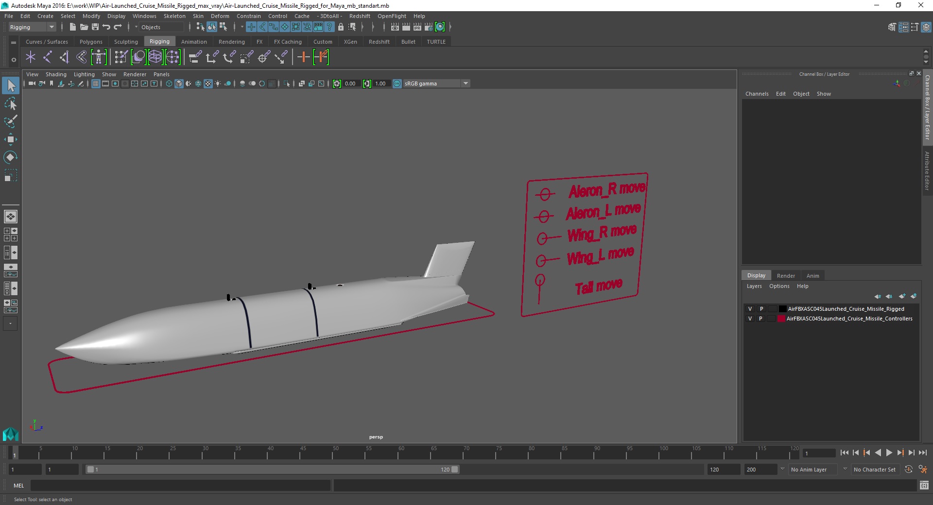 3D Air-Launched Cruise Missile Rigged for Maya model