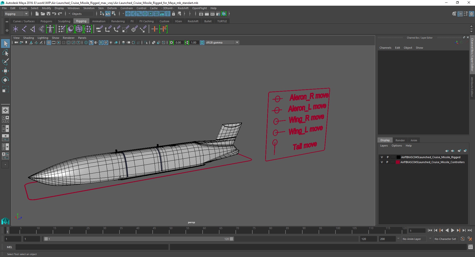 3D Air-Launched Cruise Missile Rigged for Maya model