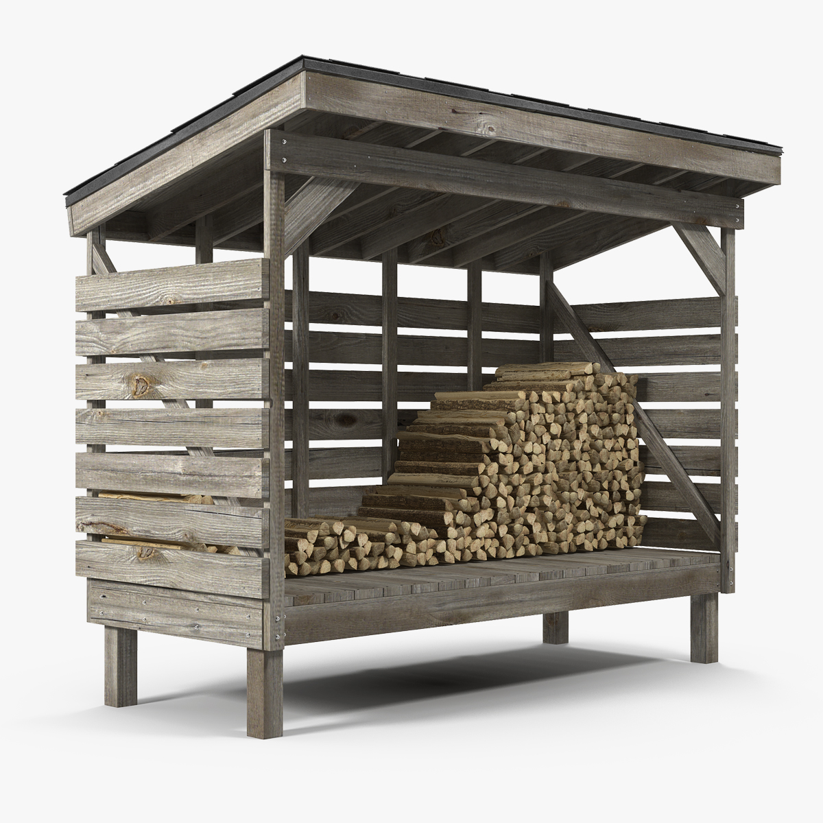 Woodshed with Stack of Firewood 3D Model, view 3