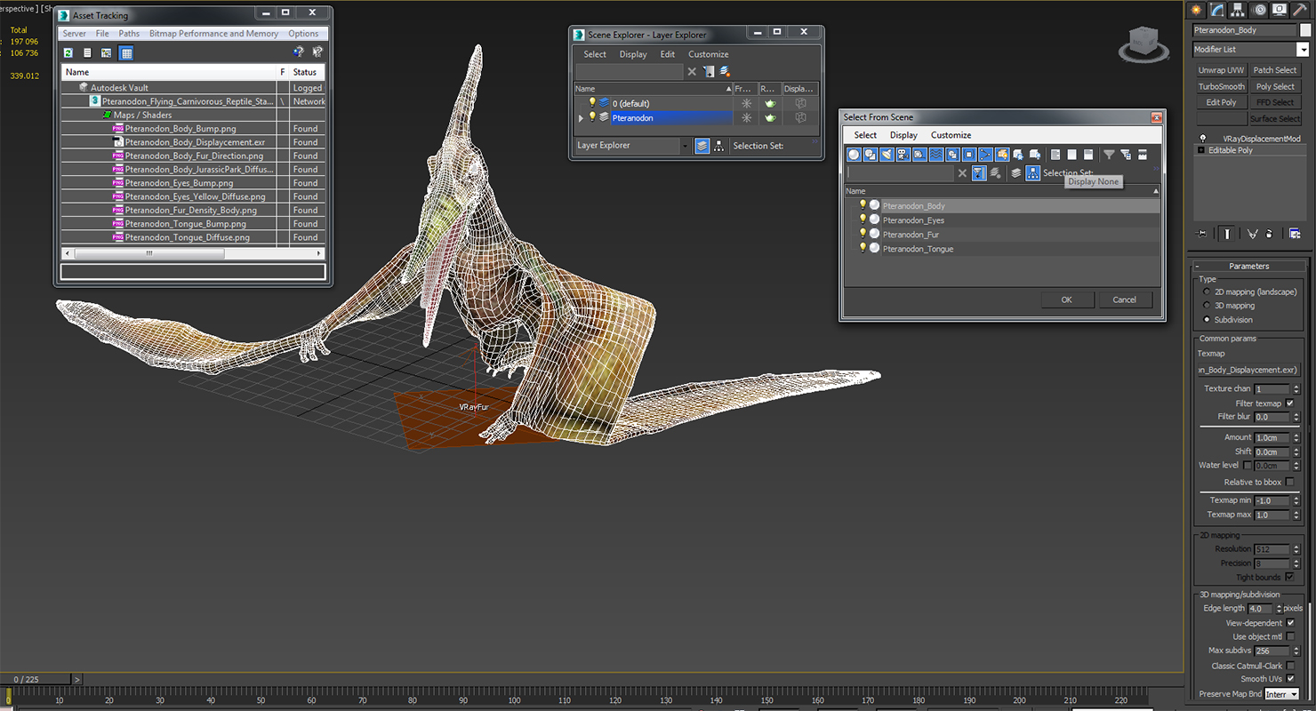 3D model Pteranodon Flying Carnivorous Reptile Standing Pose with Fur