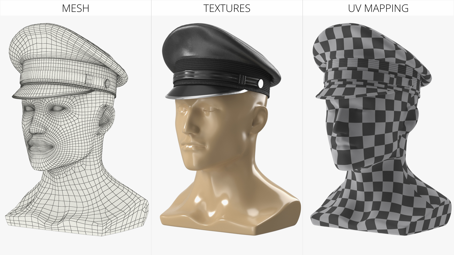 Black Military Style Cap on Mannequin Fur, view 9
