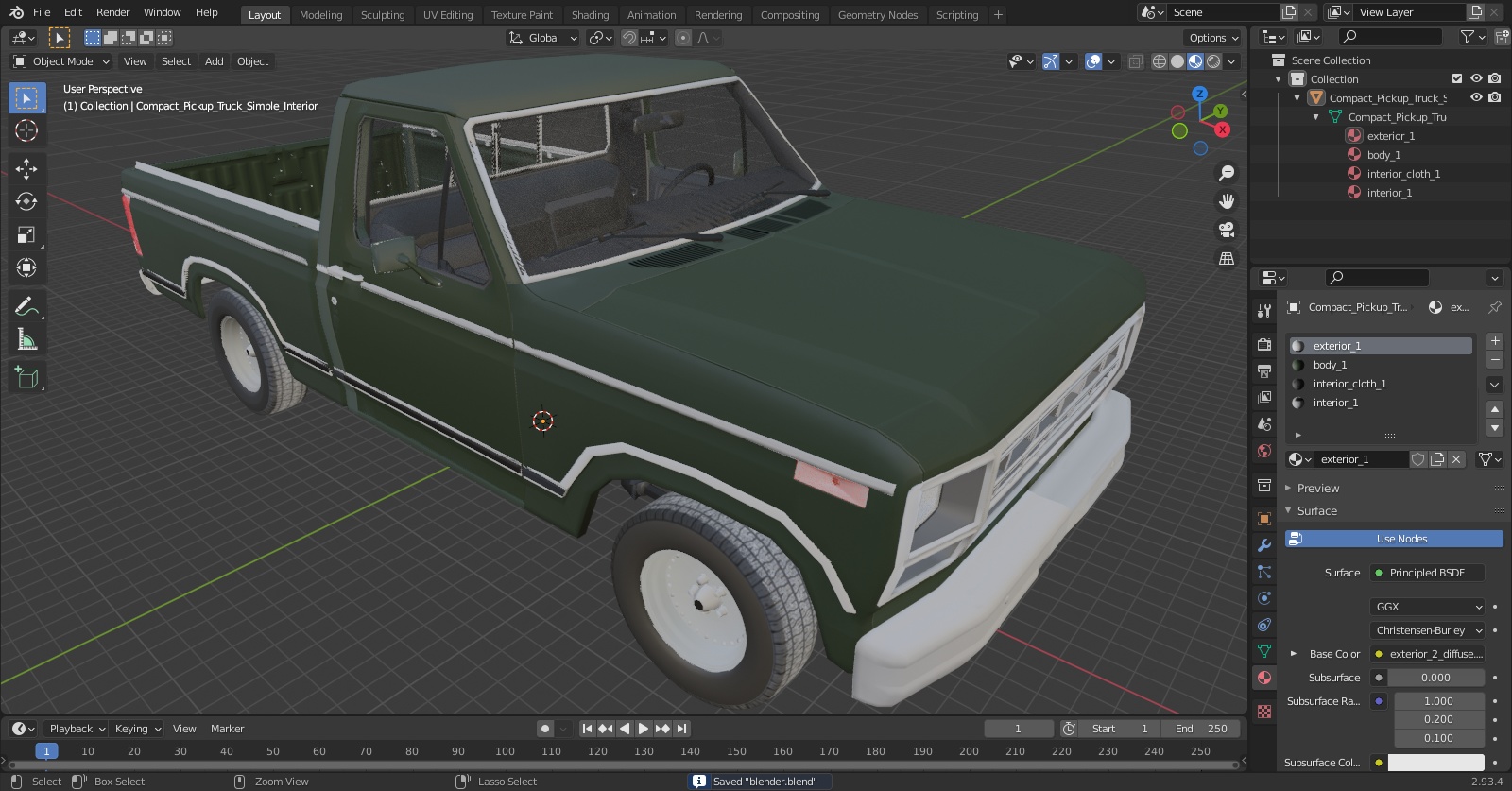 3D Compact Pickup Truck Simple Interior