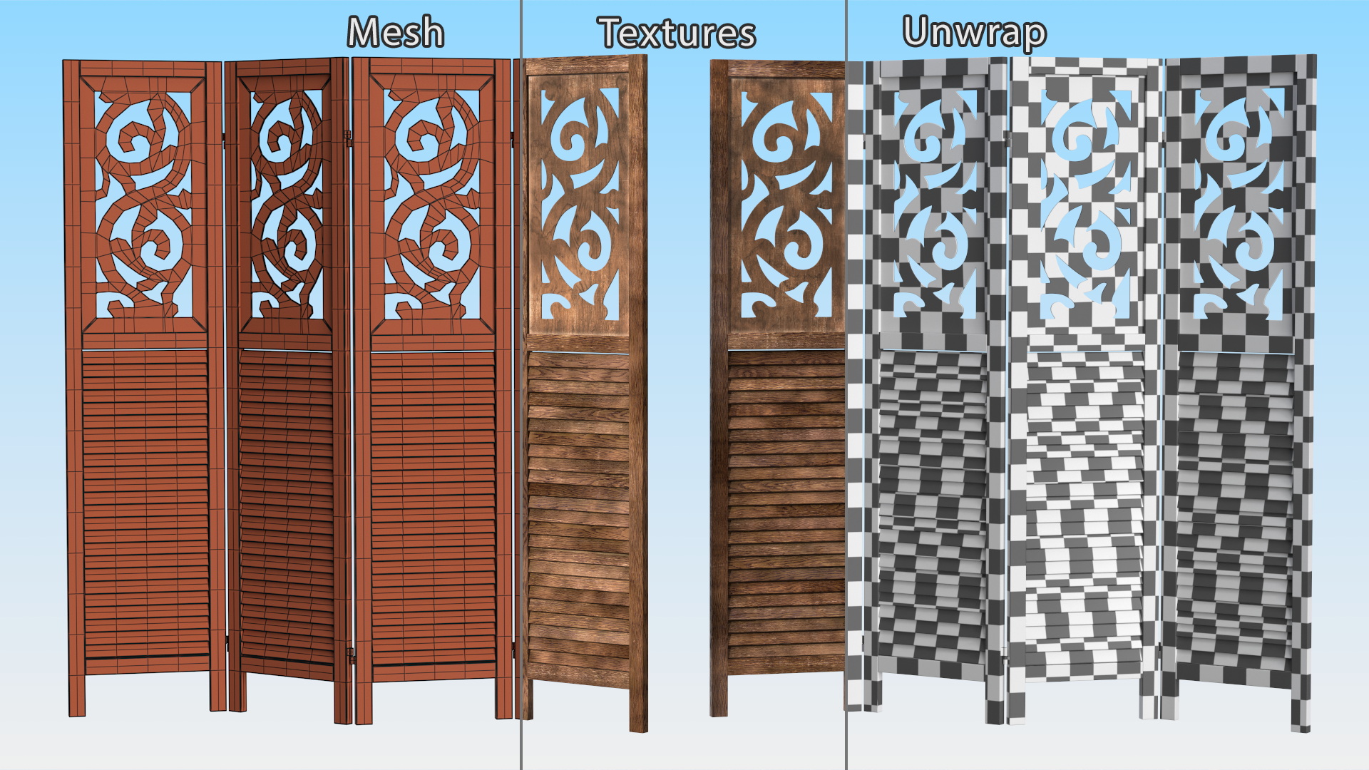 Panel Solid Wood Folding Room Divider 3D