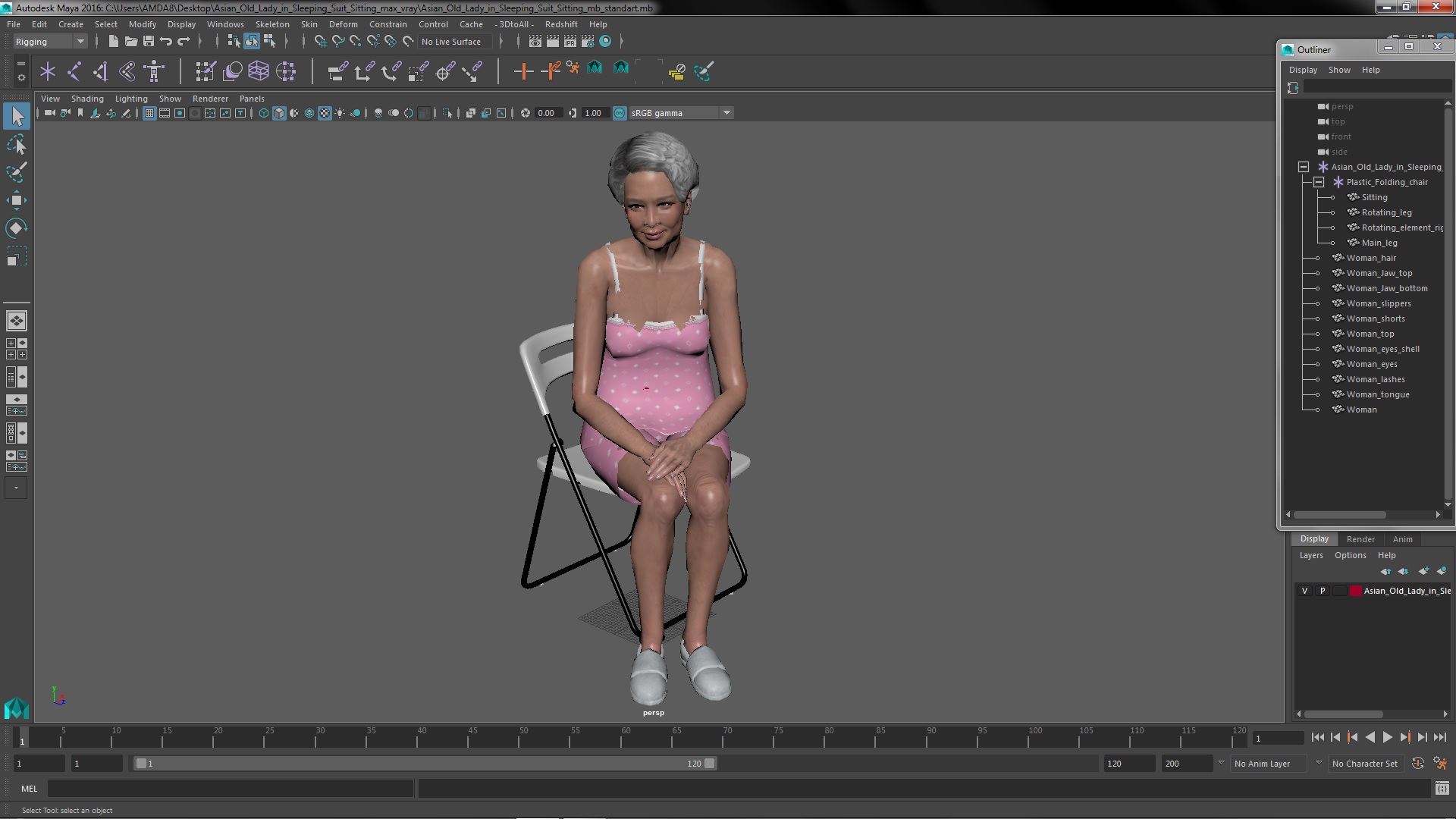 Asian Old Lady in Sleeping Suit Sitting 3D model