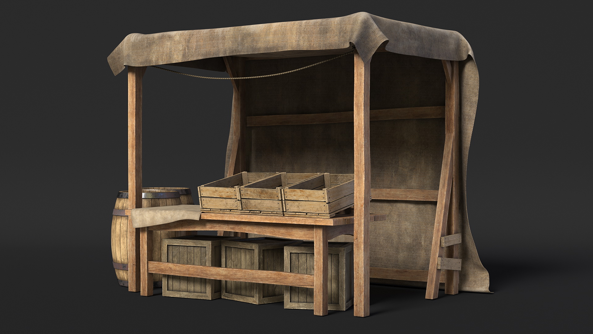 Medieval Market Stand with Barrels 3D model