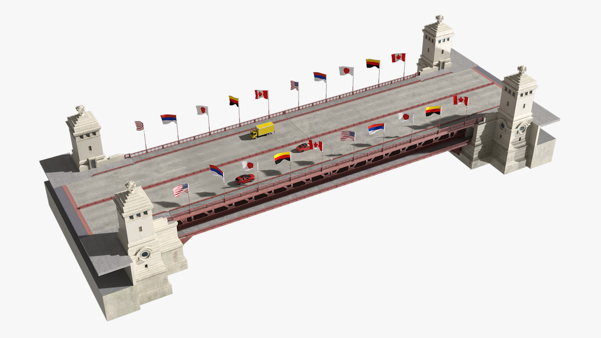 3D model Drawbridge with Cars and Flags