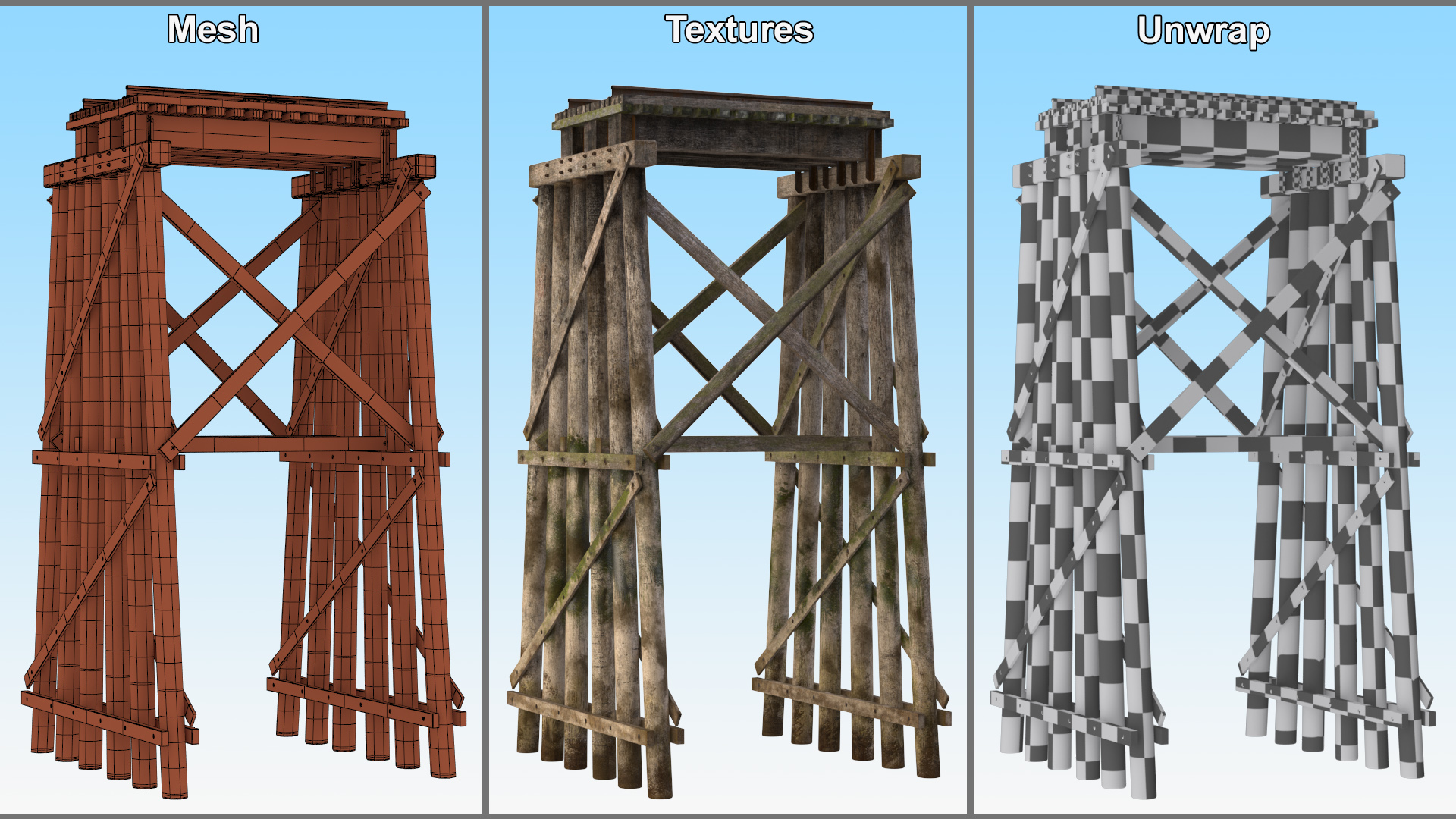 3D Wooden Trestle Bridge Structure