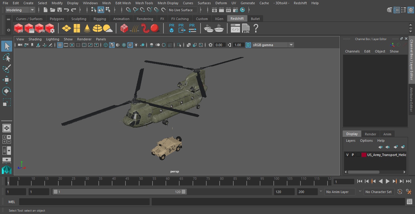 3D US Army Transport Helicopter With Humvee M1151