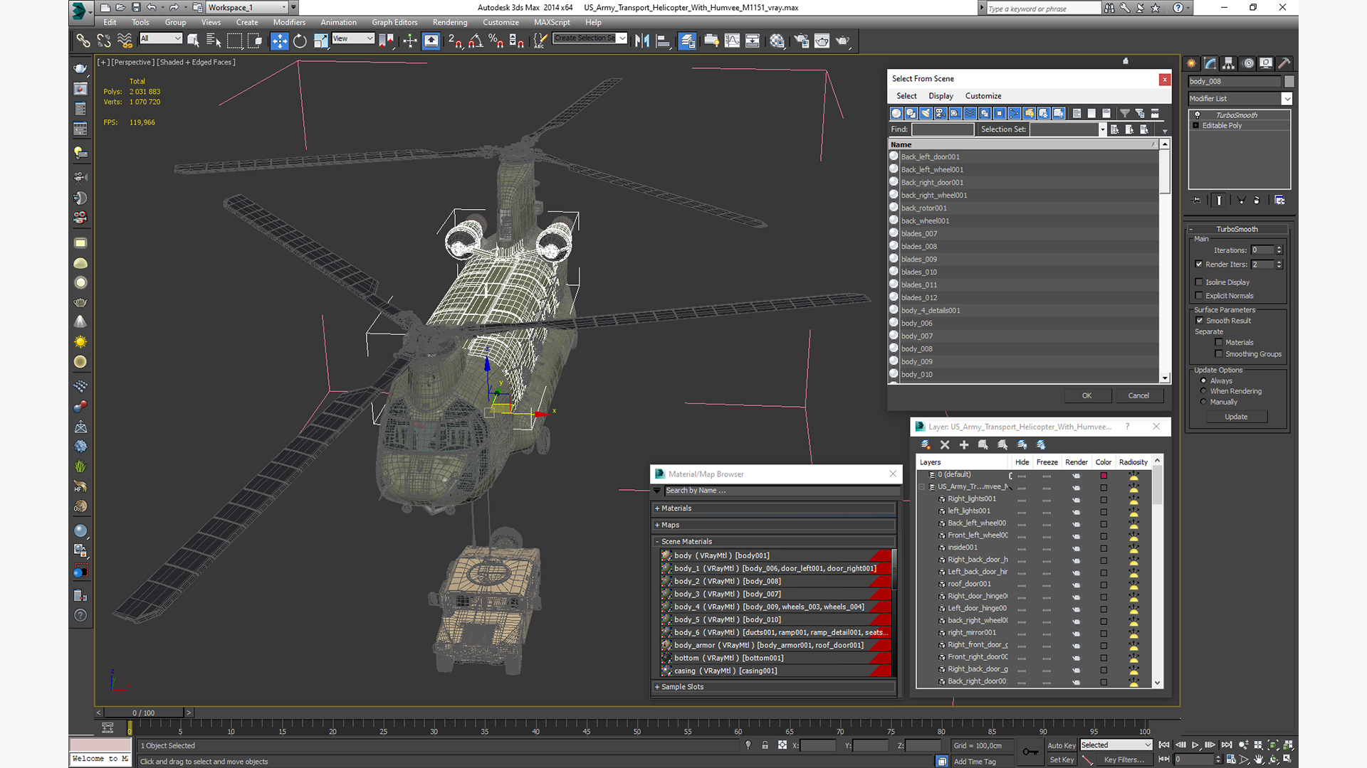 3D US Army Transport Helicopter With Humvee M1151