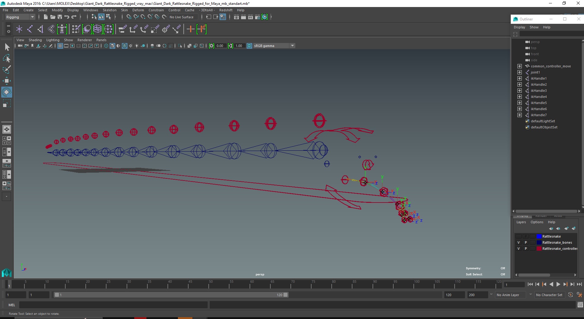 3D Giant Dark Rattlesnake Rigged for Maya model
