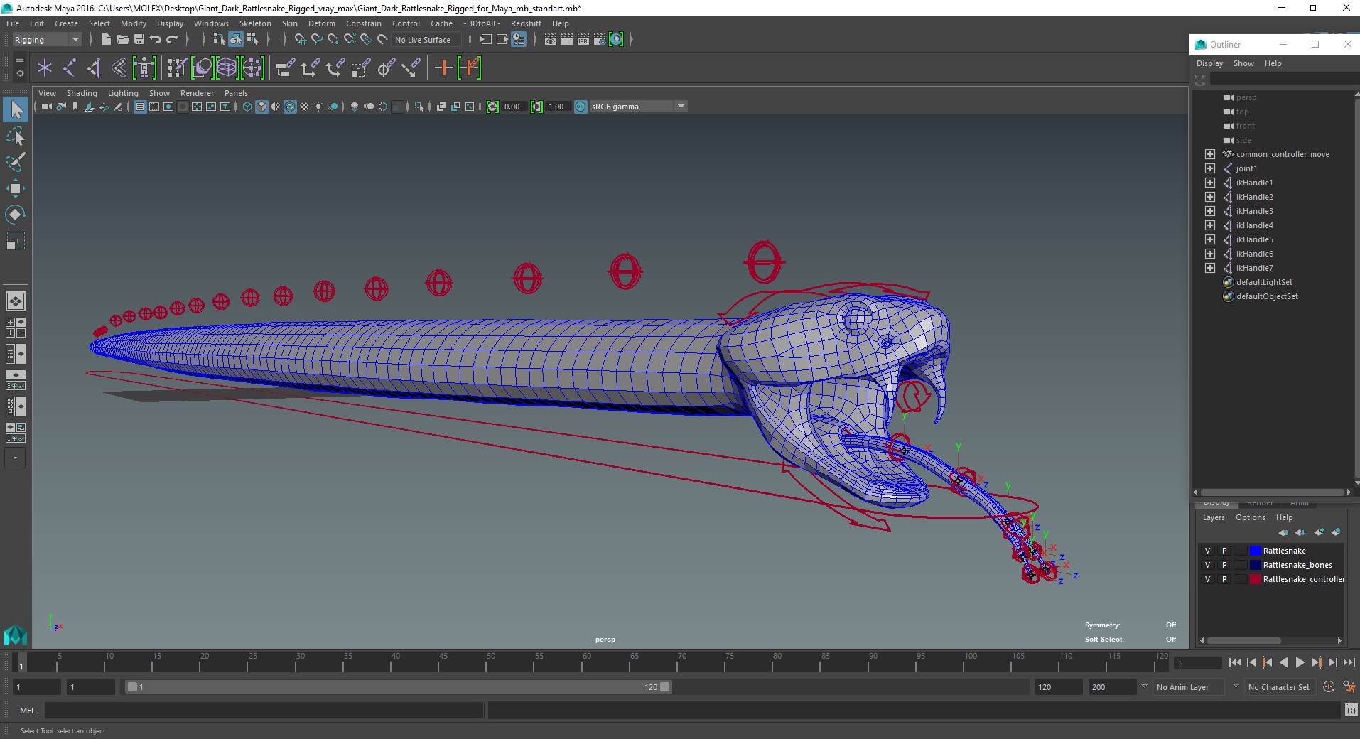 3D Giant Dark Rattlesnake Rigged for Maya model