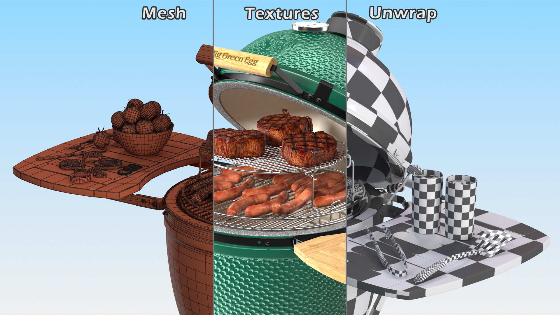 3D Big Green Egg Barbecue Grill Open with Meat and Vegetables model