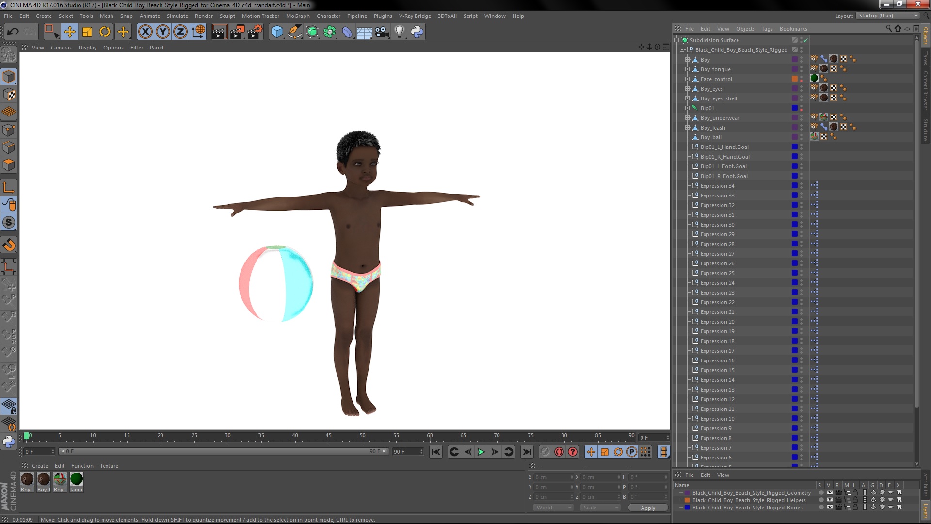 3D Black Child Boy Beach Style Rigged for Cinema 4D model