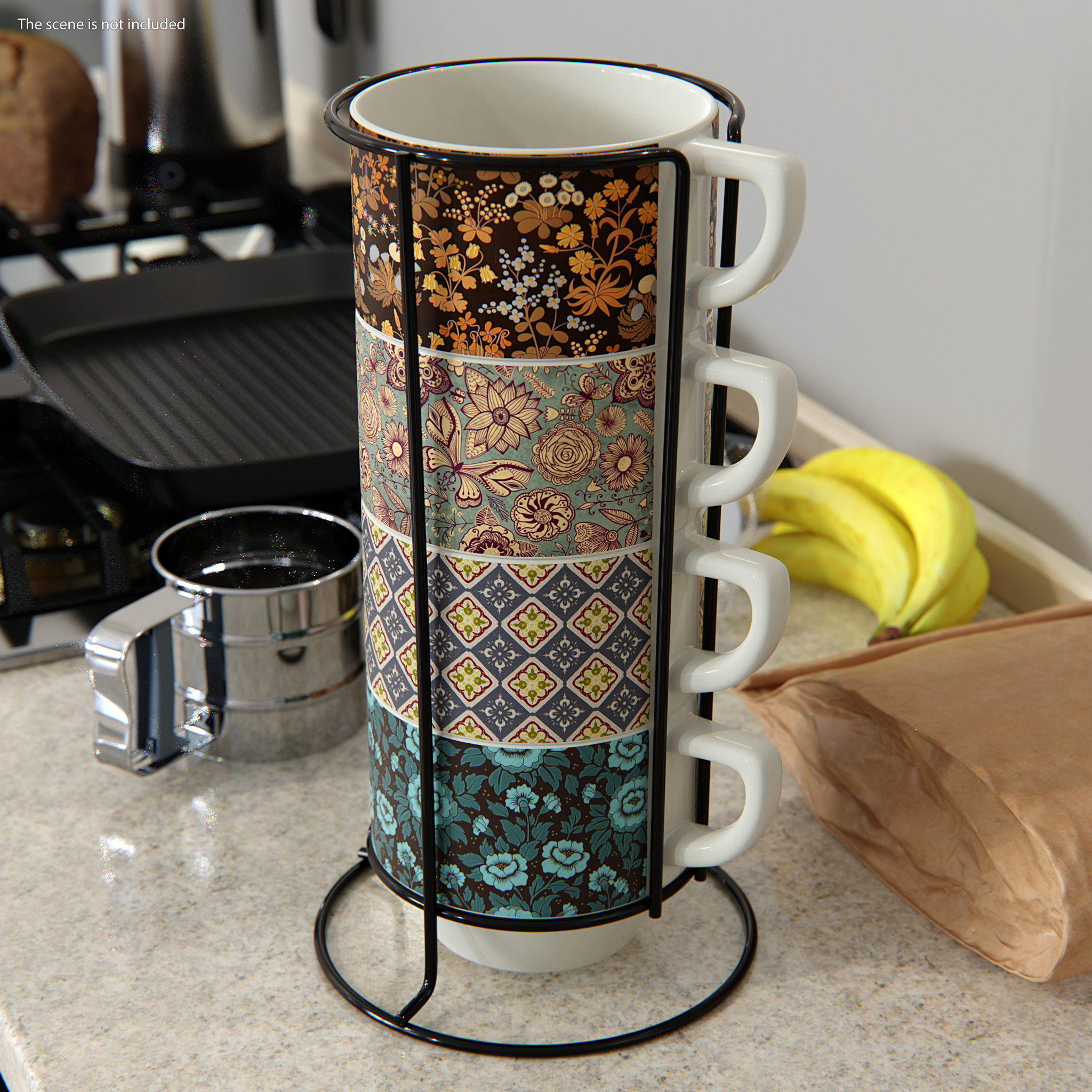 3D Set of Stacking Coffee Mugs with Metal Rack model