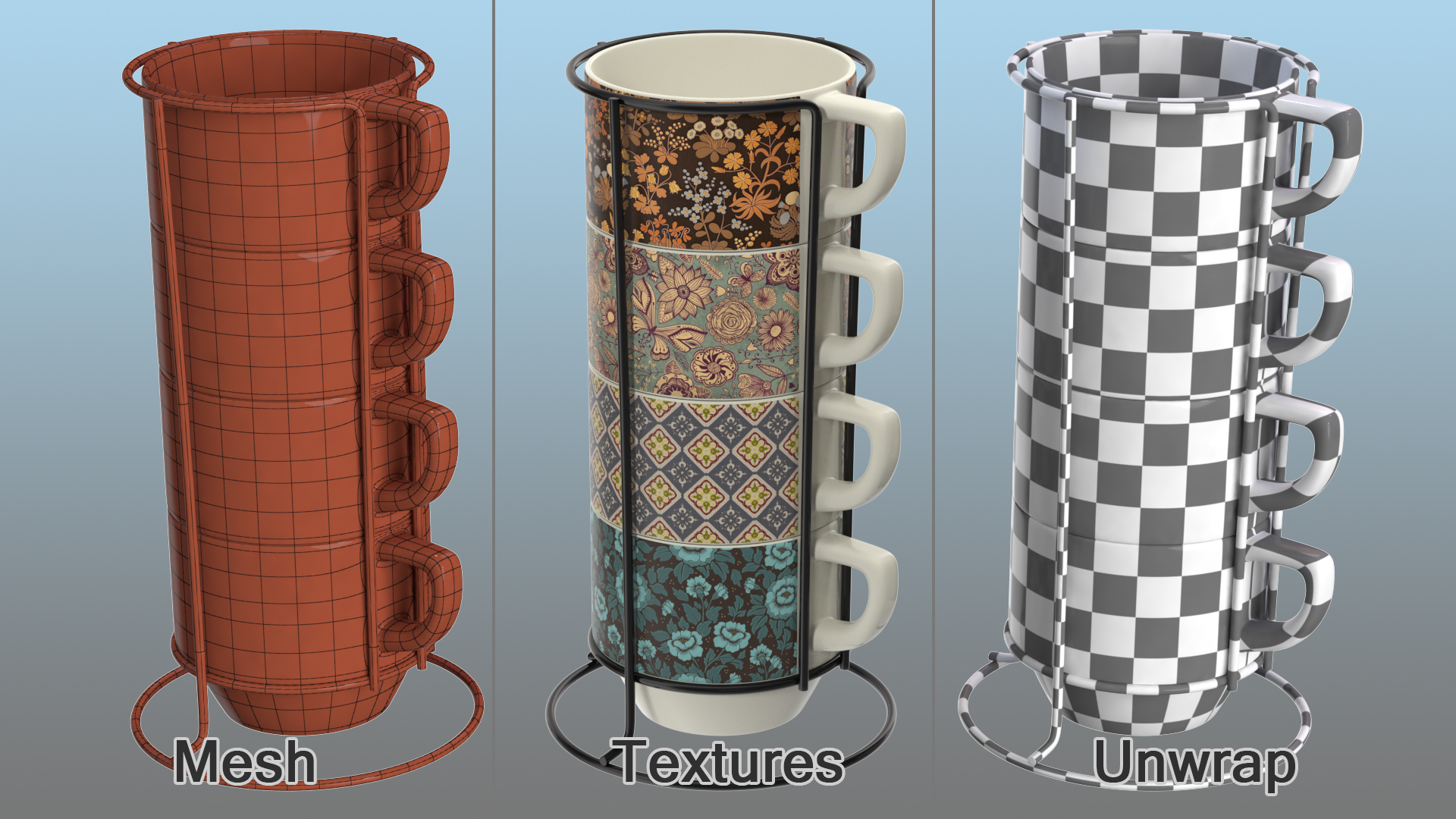 3D Set of Stacking Coffee Mugs with Metal Rack model