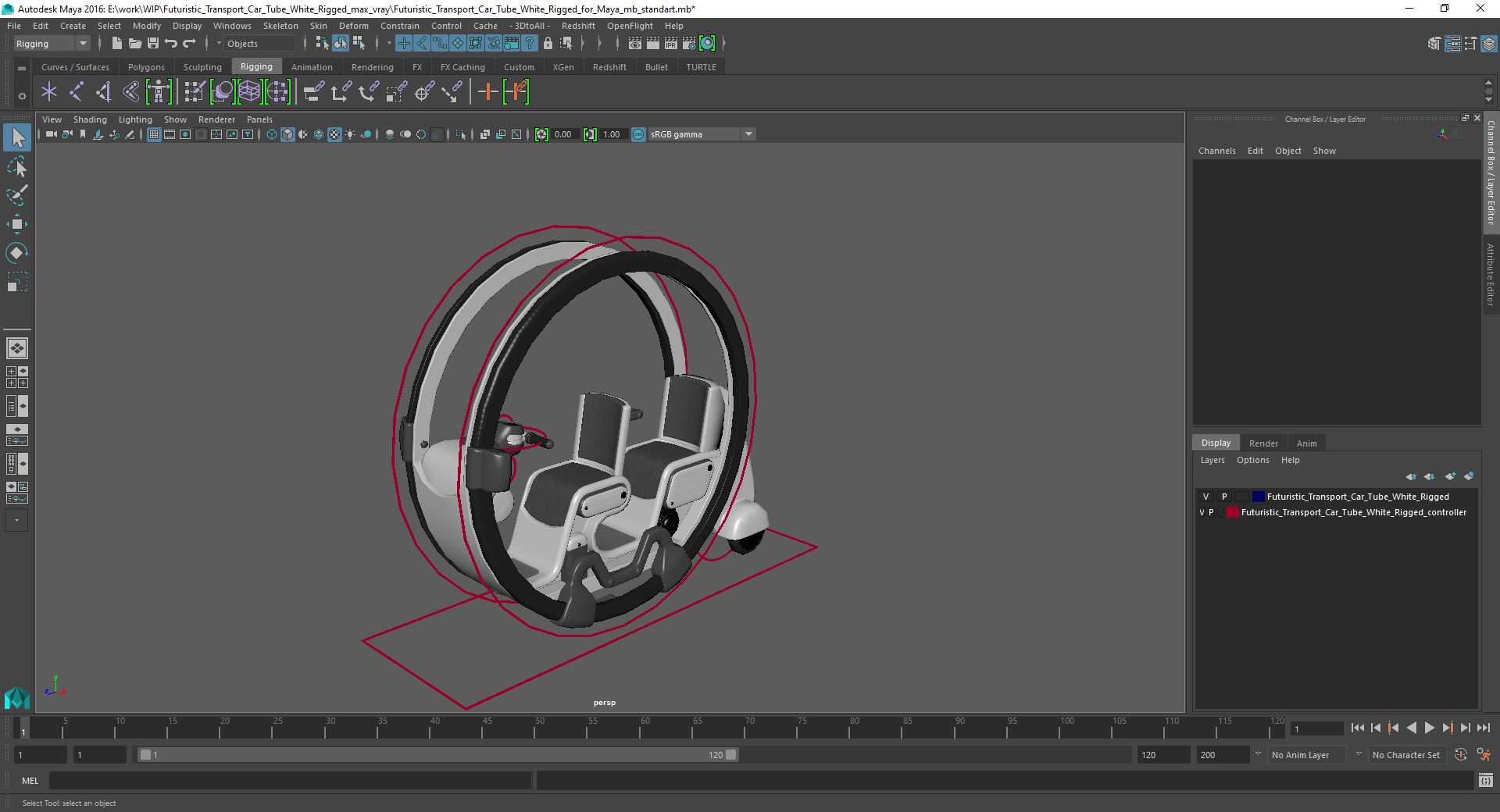 3D Futuristic Transport Car Tube White Rigged for Maya