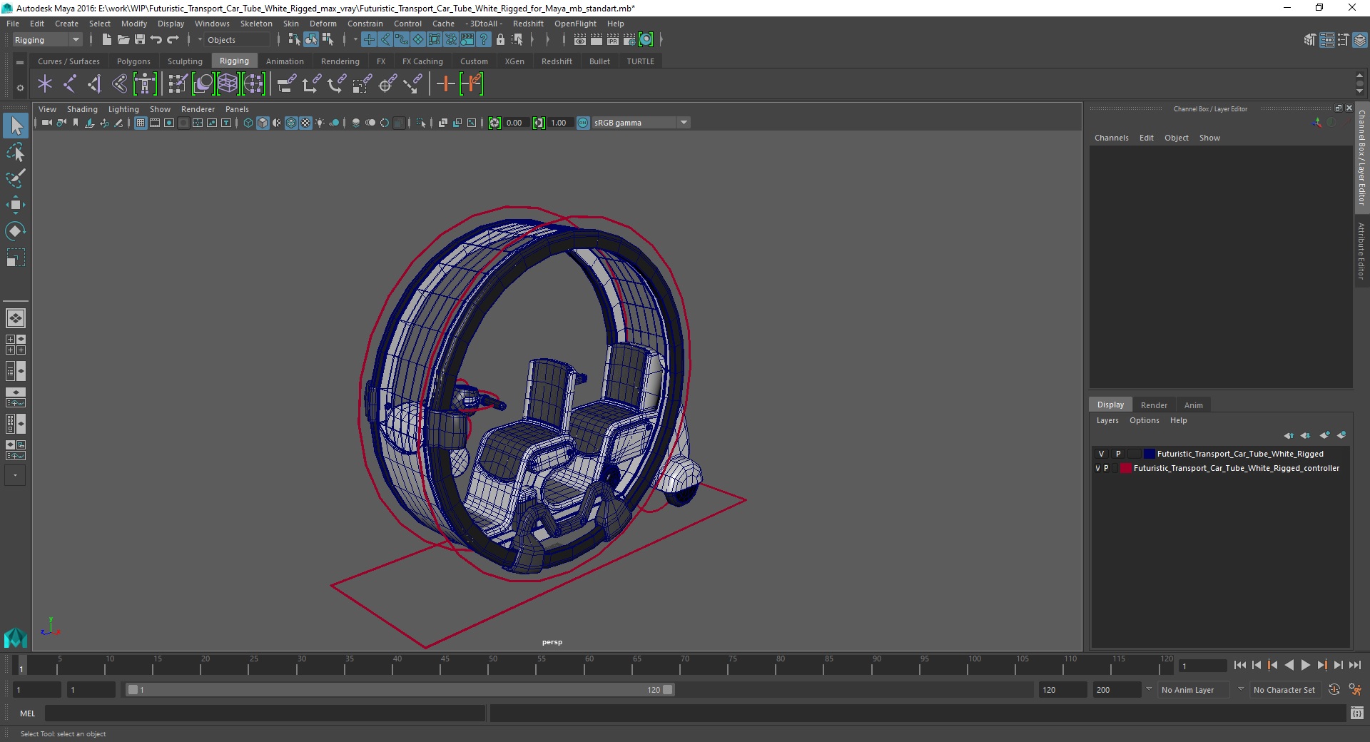 3D Futuristic Transport Car Tube White Rigged for Maya