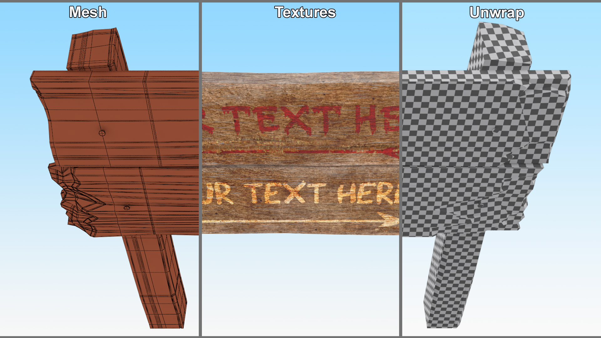Aged Wooden Road Sign Board Mockup 3D model