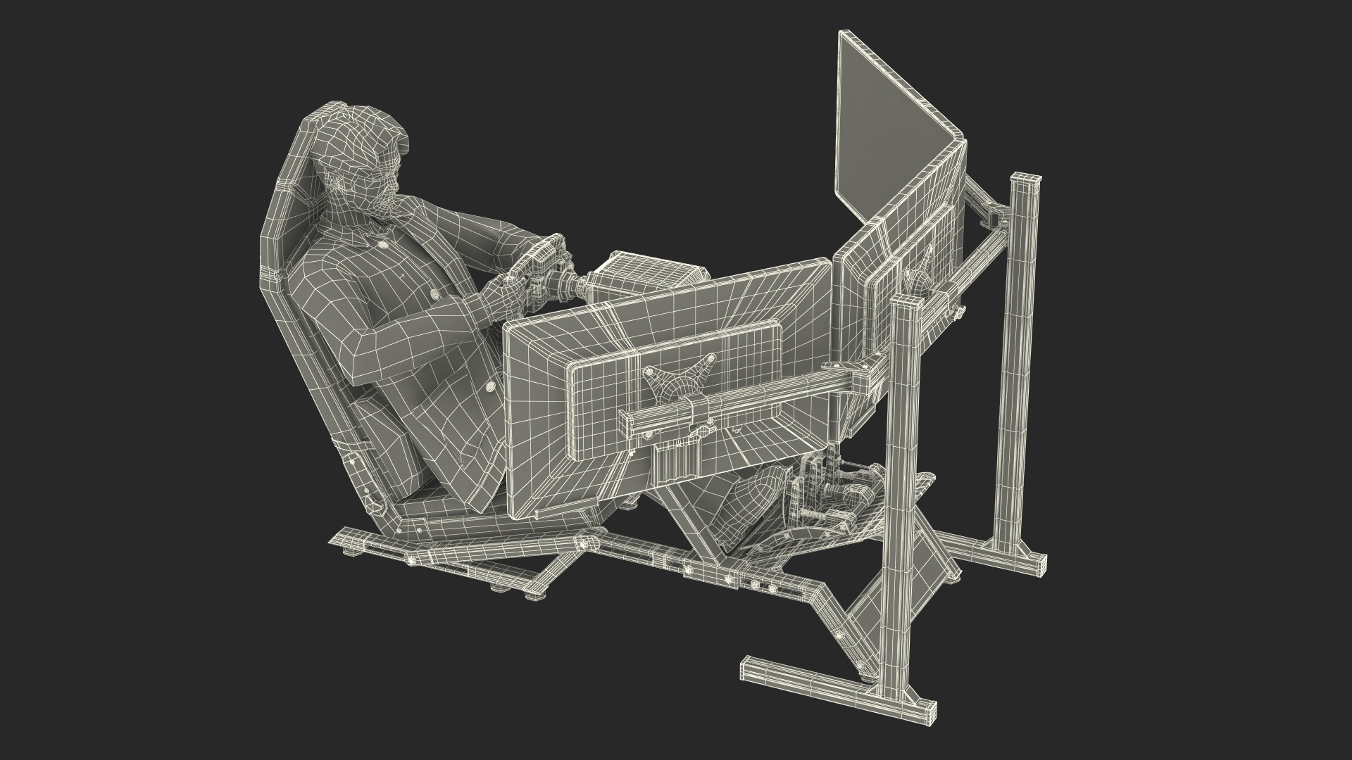 Man Sitting in a Racing Simulator Rig 3D