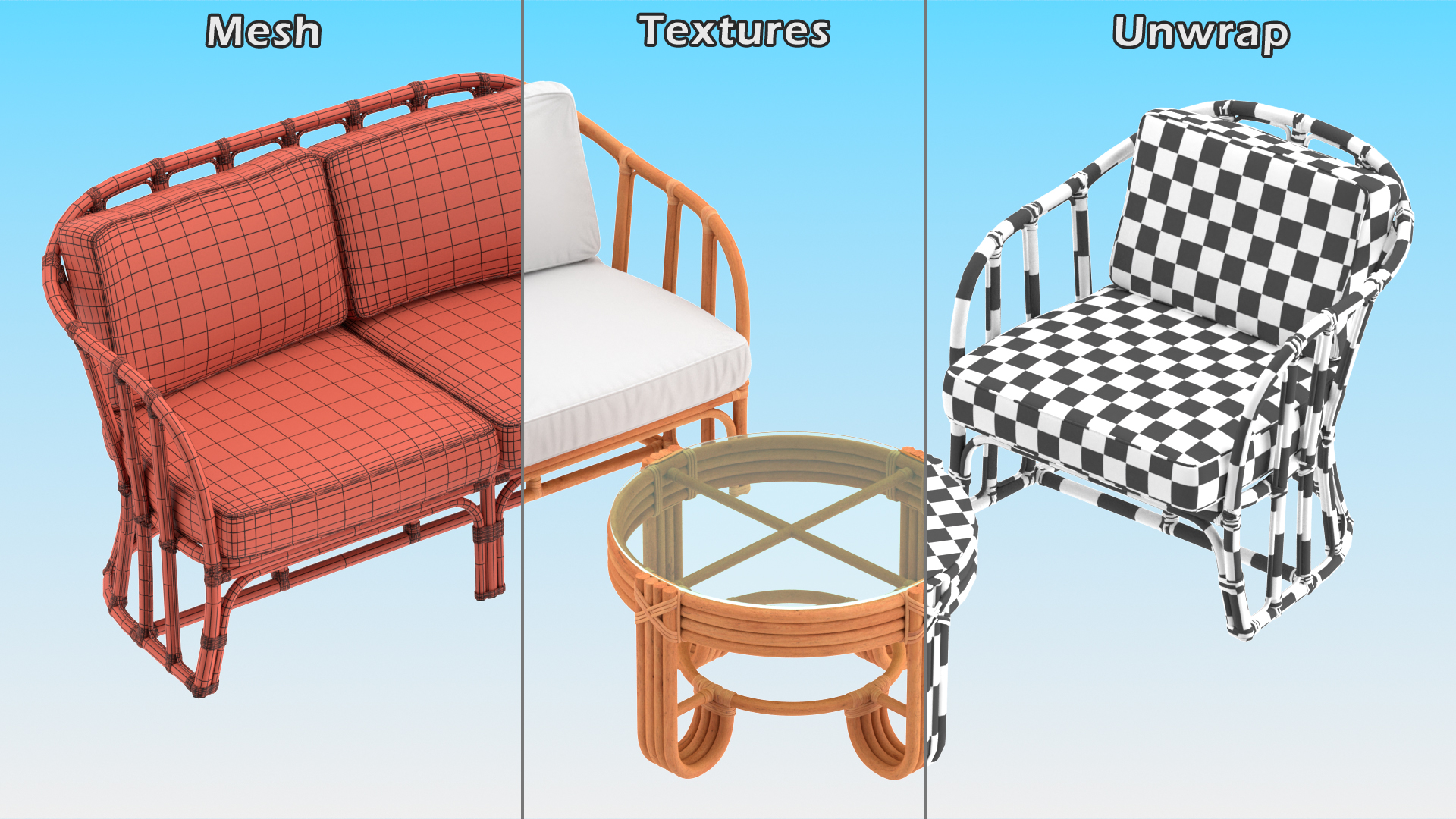 Vintage Rattan Furniture with Cushions Set 3D