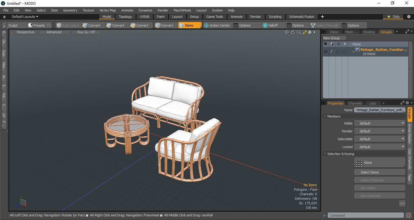 Vintage Rattan Furniture with Cushions Set 3D