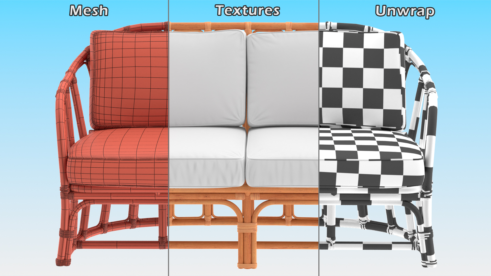 Vintage Rattan Furniture with Cushions Set 3D