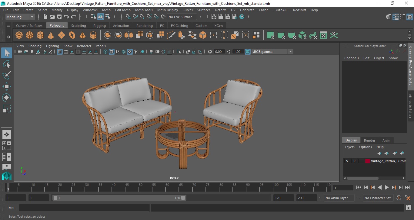 Vintage Rattan Furniture with Cushions Set 3D