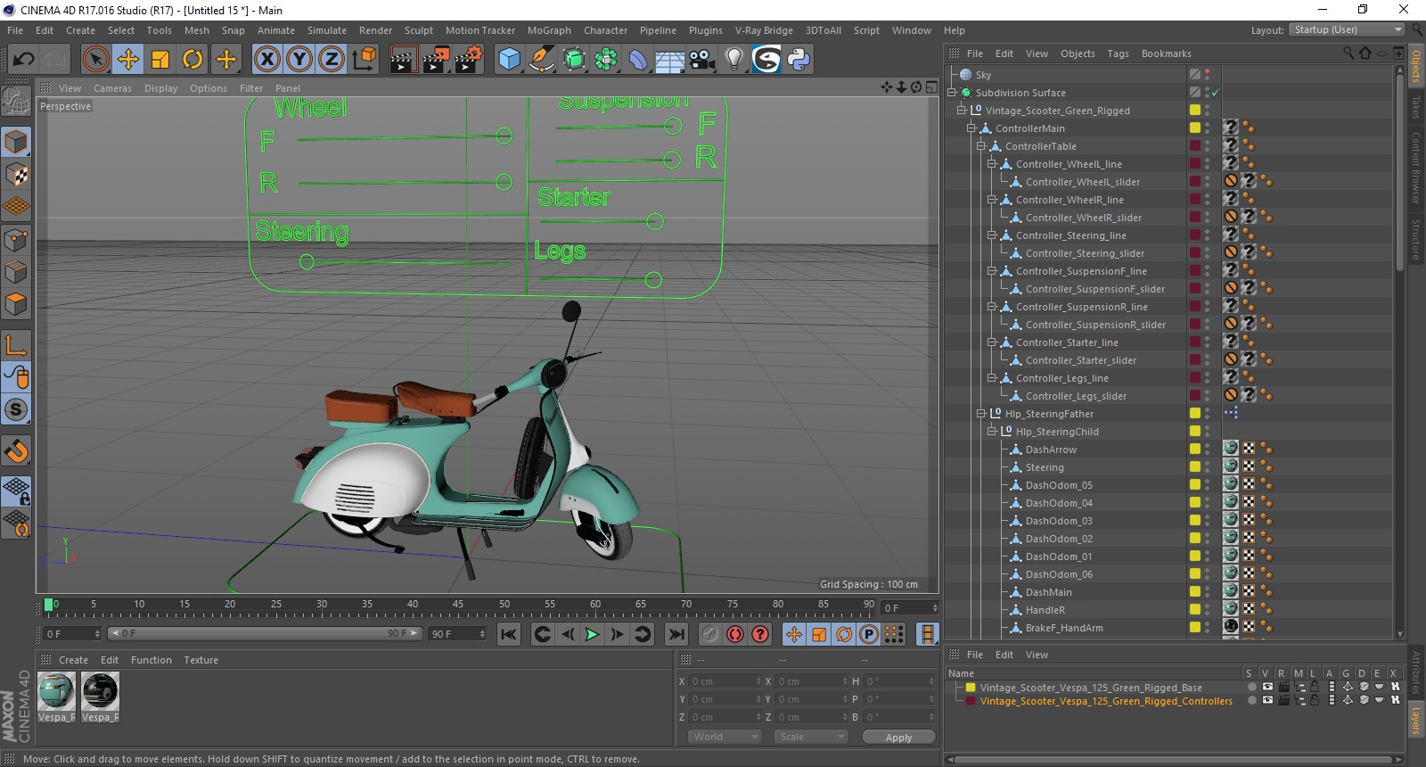 Vintage Scooter Vespa 125 Green Rigged for Cinema 4D 3D