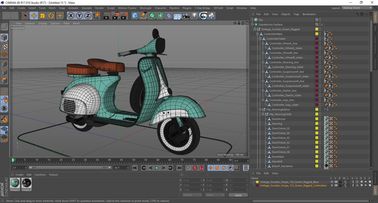 Vintage Scooter Vespa 125 Green Rigged for Cinema 4D 3D