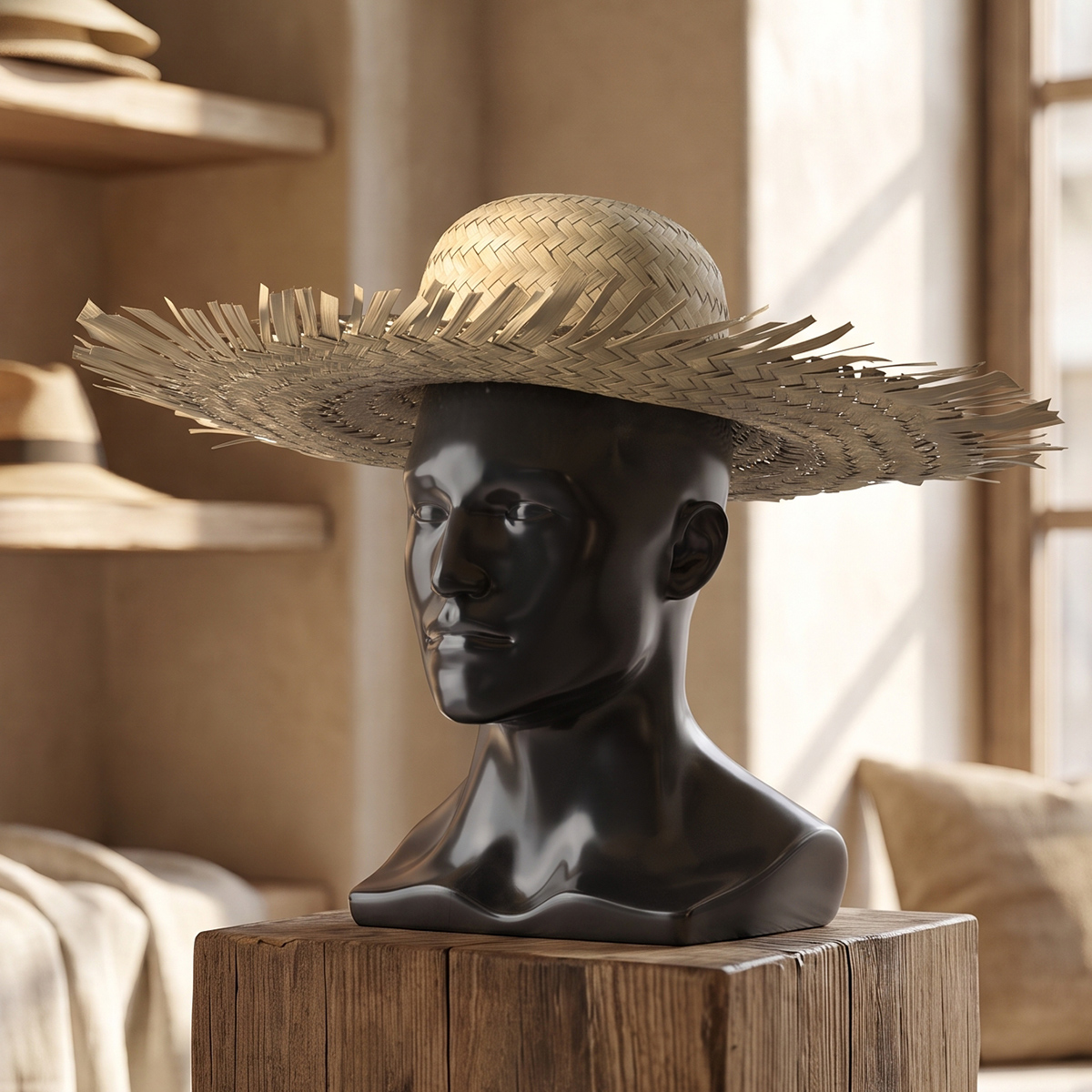 Woven Straw Sun Hat on Mannequin Head 3D model preview