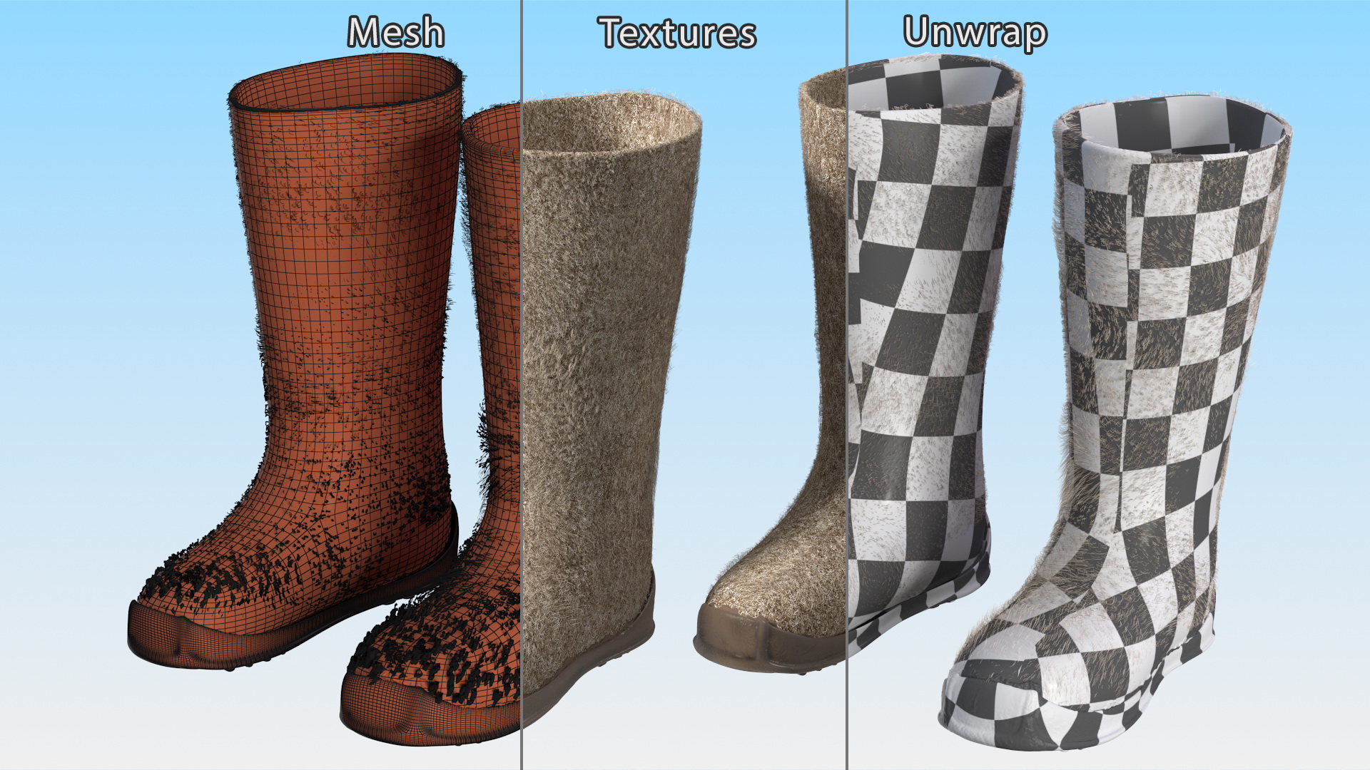 Warm Rustic Felt Boots With Rubber Soles Fur 3D model