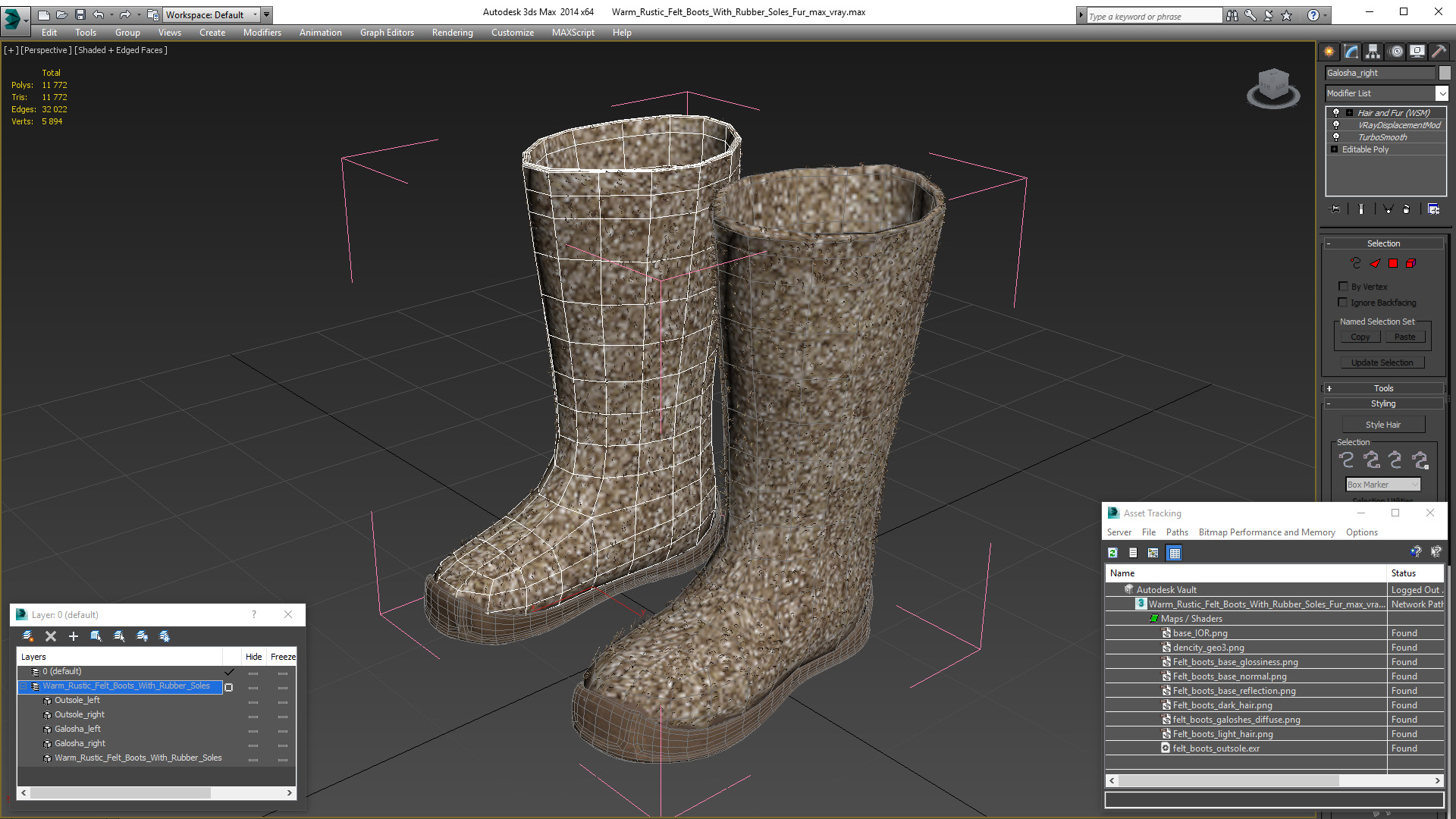Warm Rustic Felt Boots With Rubber Soles Fur 3D model