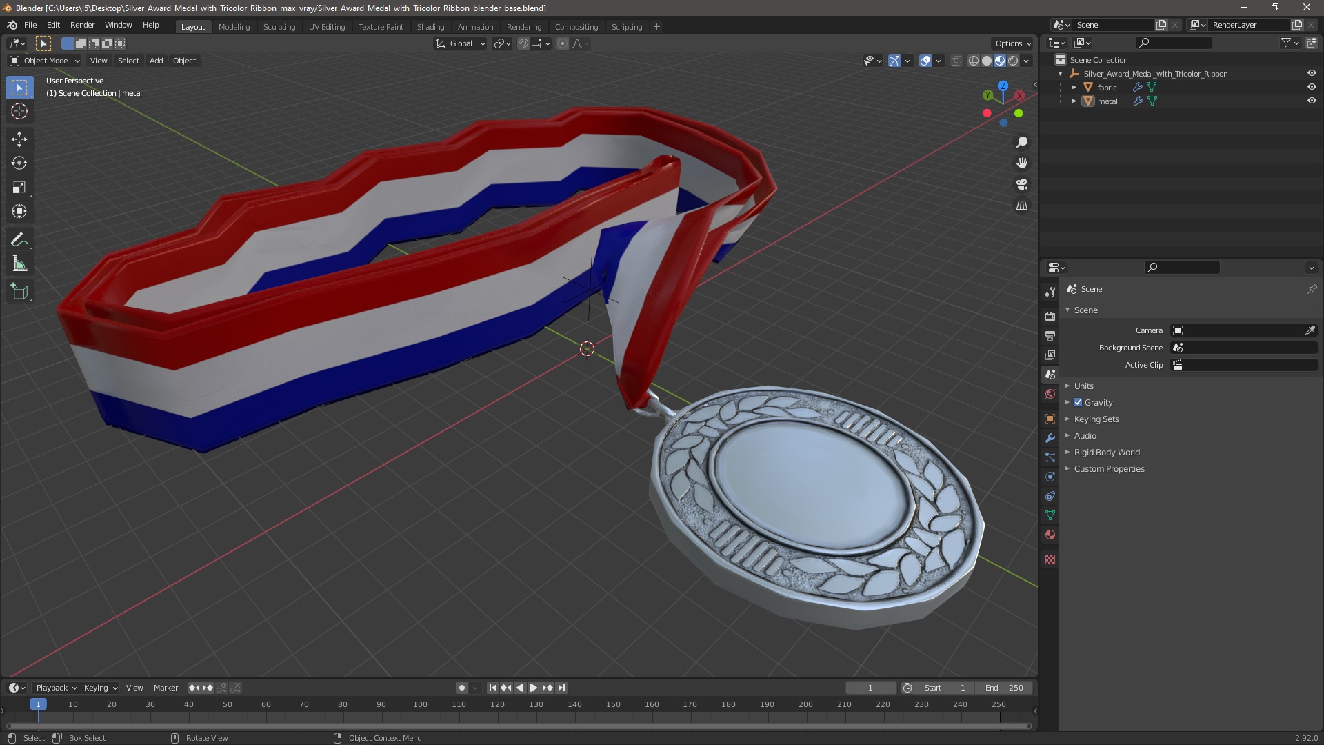 Silver Award Medal with Tricolor Ribbon 3D model